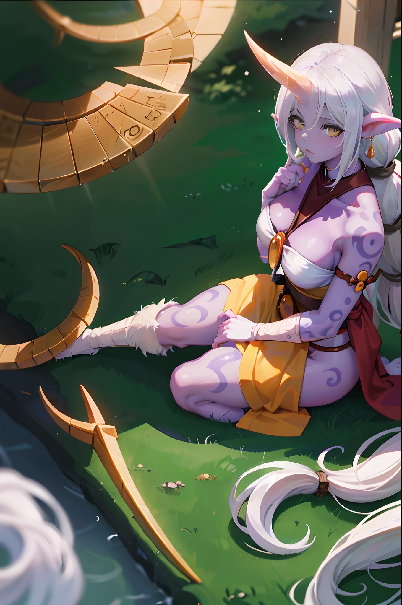 ((masterpiece)), melhor qualidade, Ultra high resolution, (fotorrealista: 1.4), (obra-prima, melhor qualidade, ((Soraka)) \(League of Legends\) kimono branco com detalhes roxo, joias, illustration, gargantilha, estrela \(simbol\), chifre, olhos roxos, olhos brilhantes, Water green hair, cabelo azul, cabelos longos, brincos, kimono branco, vestido roxo, joias de prata, paisagem, noite, magia, elegante, gueixa, olhar gentil, seios medios, templo, estrelas, ahegao, Horse's feet