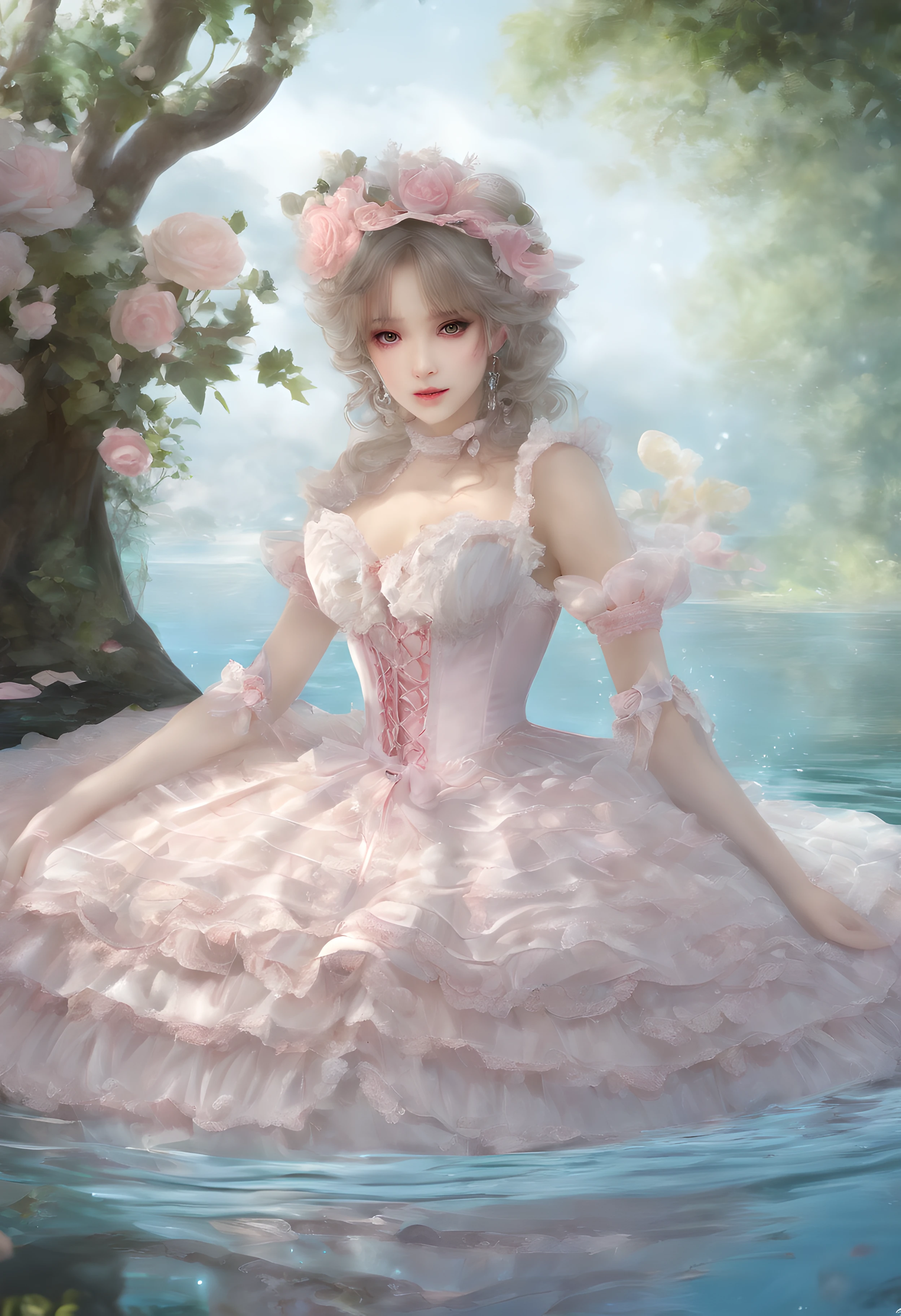 (lingerie:1.3), Takanobu Fujiwara(Takanobu Fujiwara)Digital rendering inspired by, pixiv, rococo, Victoria Gothic Lolita Fashion, Lolita Style,lolita fashion, one-piece,She is swimming in the lake,petticoat