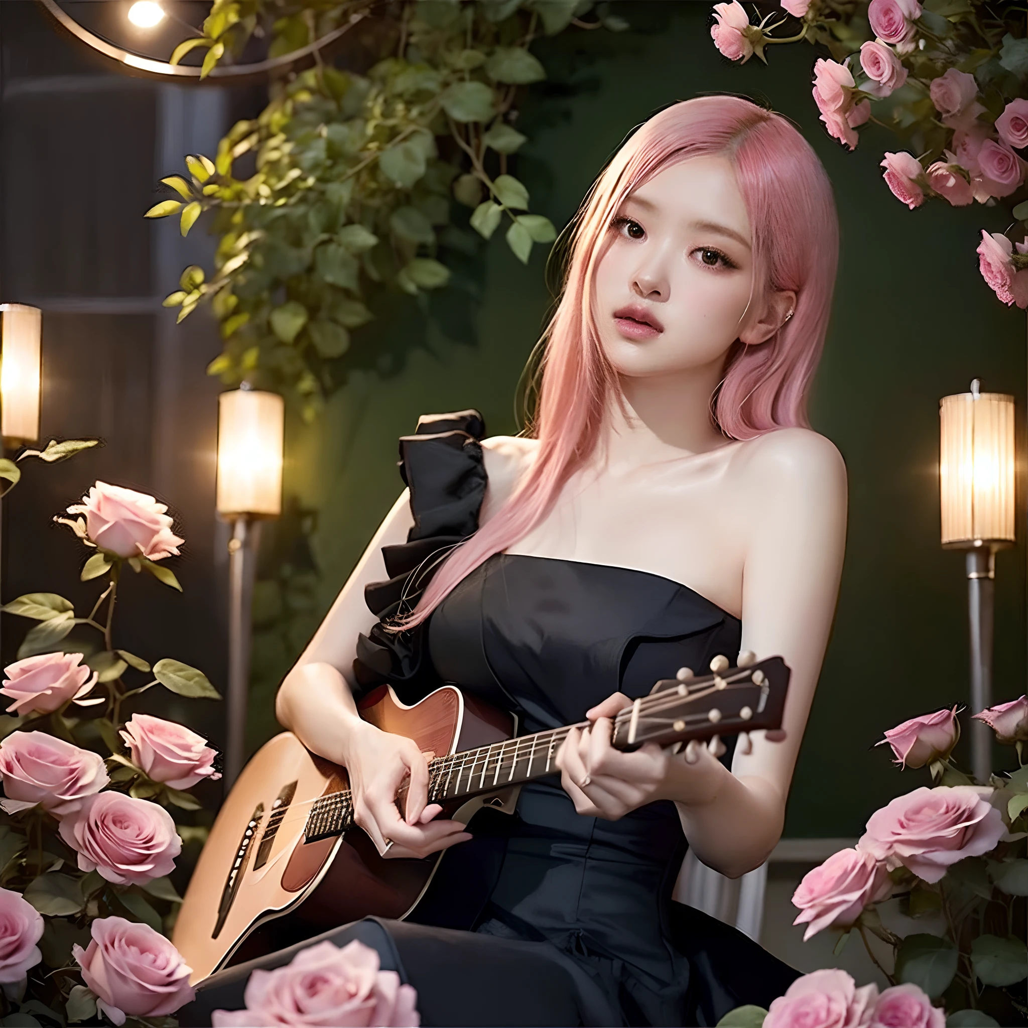In the moonlit pink roses garden, a girl in a flowing black dress strums a guitar gently and pink hair. Her beautiful detailed eyes capture the ethereal glow, while her exquisite lips hum along with the rhythm. Surrounding her, vibrant flowers bloom in an array of colors, adding a touch of serenity to the scene. Soft moonlight cascades down, casting a dreamy glow on every detail. The girl's black dress shimmers with a satin-like texture, elegantly draping her slender figure. Every stitch and fold is meticulously crafted, exuding an air of sophistication and grace. Her fingers dance effortlessly on the strings, creating a melodic symphony that echoes through the night, pink roses rustling in harmony with the music. Adding a touch of whimsy to the setting. Sparkling fireflies flit around, leaving trails of light that enhance the enchanting atmosphere. The image exudes the best quality, with a level of detail that is truly mesmerizing. The colors are vivid and vibrant, accentuating the natural beauty of the surroundings. The scene is captured with a photorealistic style, where every brushstroke and texture is rendered with utmost precision. The soft, warm color tones enhance the dreamlike ambiance, enveloping the viewer in a sense of tranquility and wonder. The girl's face is illuminated by gentle studio lighting, emphasizing the delicate features that make her truly captivating. From her expressive eyes to her flowing pink hair, every aspect is rendered with ultra-fine painting, resulting in an incredibly lifelike portrayal. The combination of artistic craftsmanship and technical expertise creates a masterpiece that captures the essence of beauty and harmony. The overall scene exudes an aura of romanticism, blending elements of nature and music seamlessly. The play of light and shadow adds depth to the image, enhancing the overall visual imp Wait