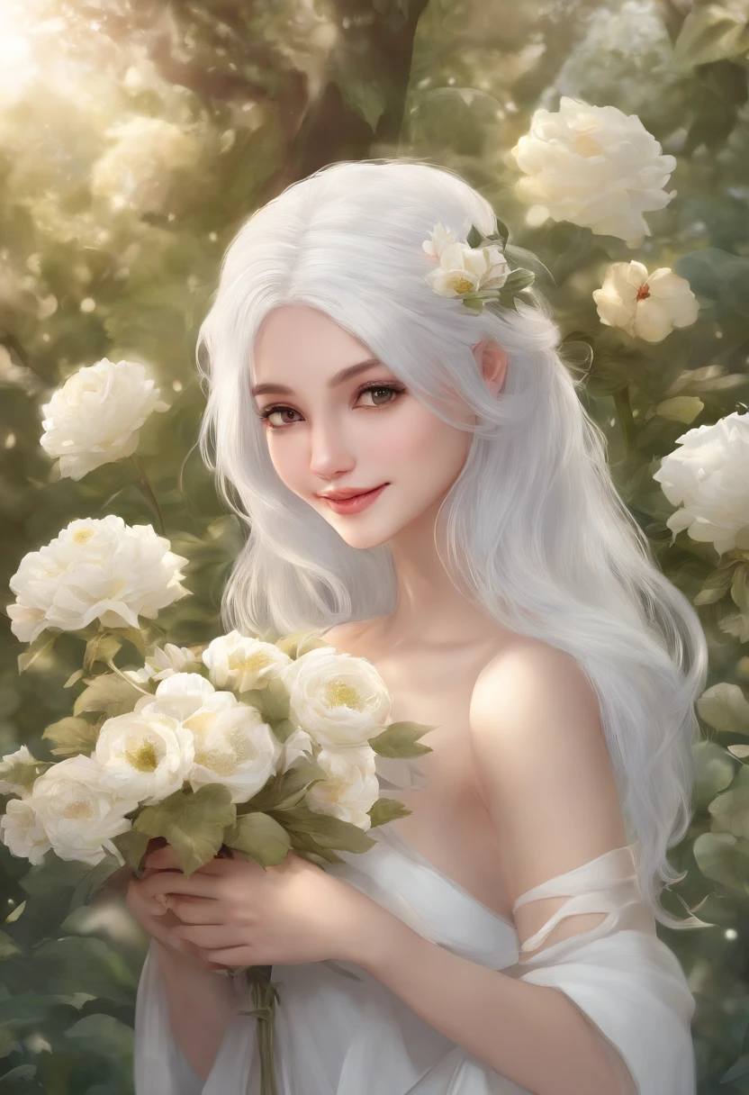 Masterpiece, Best Quality, 1Girl, White hair, Smiling, looking up at viewer, Adults, Fully mature, holding flowers,Naked