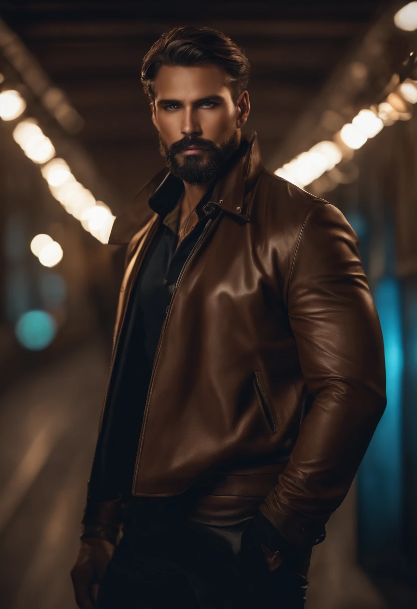 cyberpunk (Hombre con ropa elegante), ), (con una barba larga y llena,) (ojos azules) (retrato) Aspecto atractivo y serio, Cabello multicolor oscuro, Elegante y elegante, y camiseta de cuerpo fuerte, (Imagen realista y de alta calidad), ((La mejor calidad, 8k, Pieza maestra).