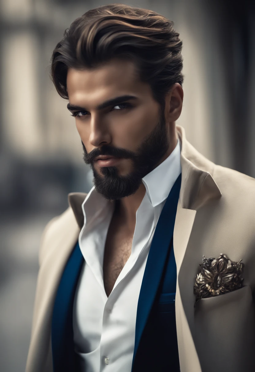 cyberpunk (Hombre con ropa elegante), ), (con una barba larga y llena,) (ojos azules) (retrato) Aspecto atractivo y serio, Cabello multicolor oscuro, Elegante y elegante, y camiseta de cuerpo fuerte, (Imagen realista y de alta calidad), ((La mejor calidad, 8k, Pieza maestra).