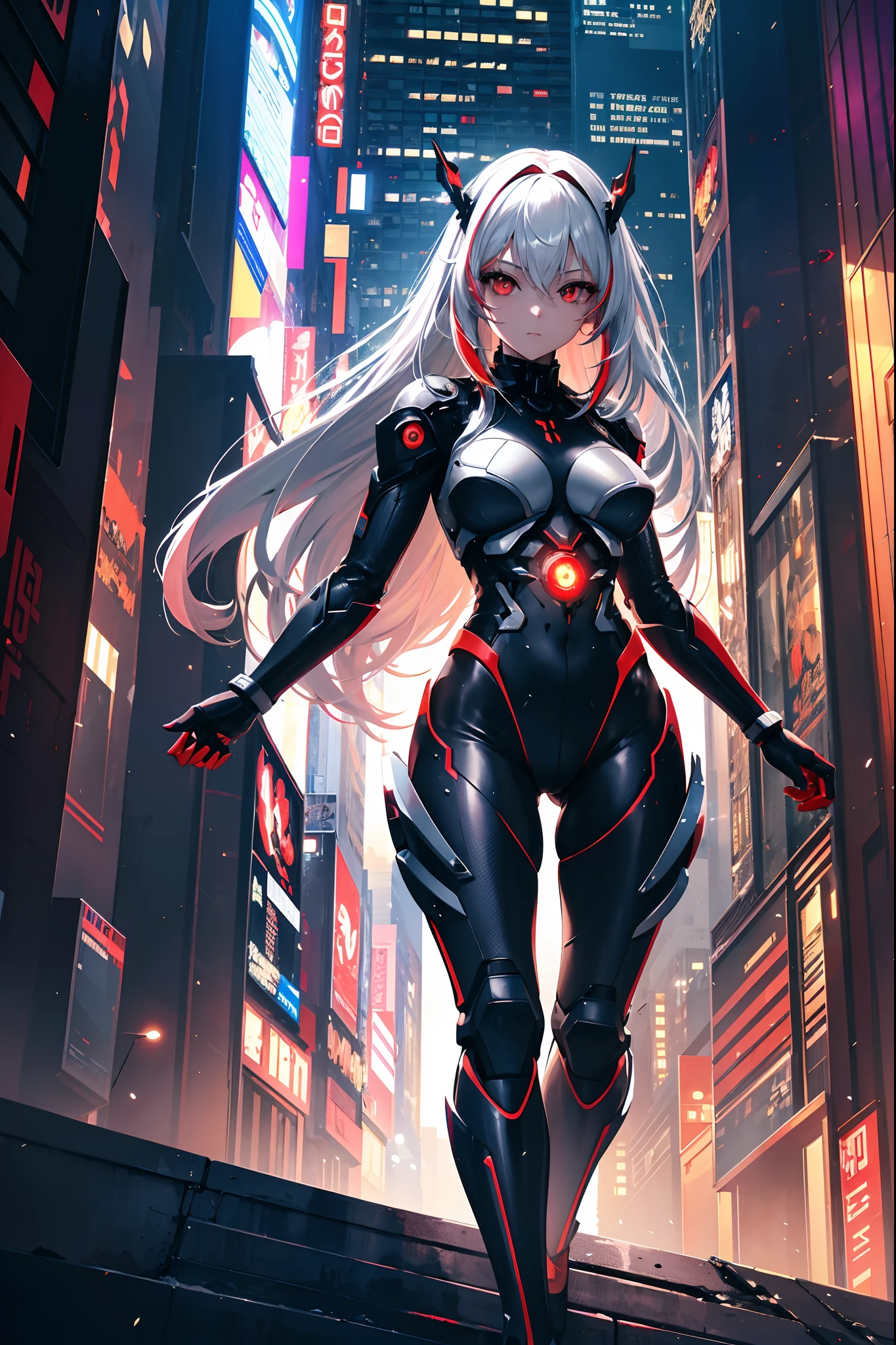 " (best quality,ultra-detailed,realistic),masterpiece,(bestquality),highlydetailed,ultra-detailed, cold , solo , 1girl , bishoujo , stare , (red eyes:1.5) , (beautiful detailed eyes:1.2) , (long hair:1.2) , (white hair:0.8) , (silver hair:0.5) , (Wing-like bangs:0.5) , (Dull hair:0.5) , (ahoge:0.5) , (Hair rings:0.5) , (braid:0.5)futuristic techsuit,glowing neon lights,cityscape,high-rise buildings,flying between skyscrapers,modern architecture,reflective surfaces,towering structures,advanced technology,urban environment,high-tech fashion,shiny materials,intricate details,metropolis at night,elevated walkways,holographic displays,highly detailed textures,advanced cybernetic design,cyberpunk aesthetics,dynamic poses,energy pulsations,vibrant colors,urban hustle and bustle,seamless integration,sci-fi atmosphere"