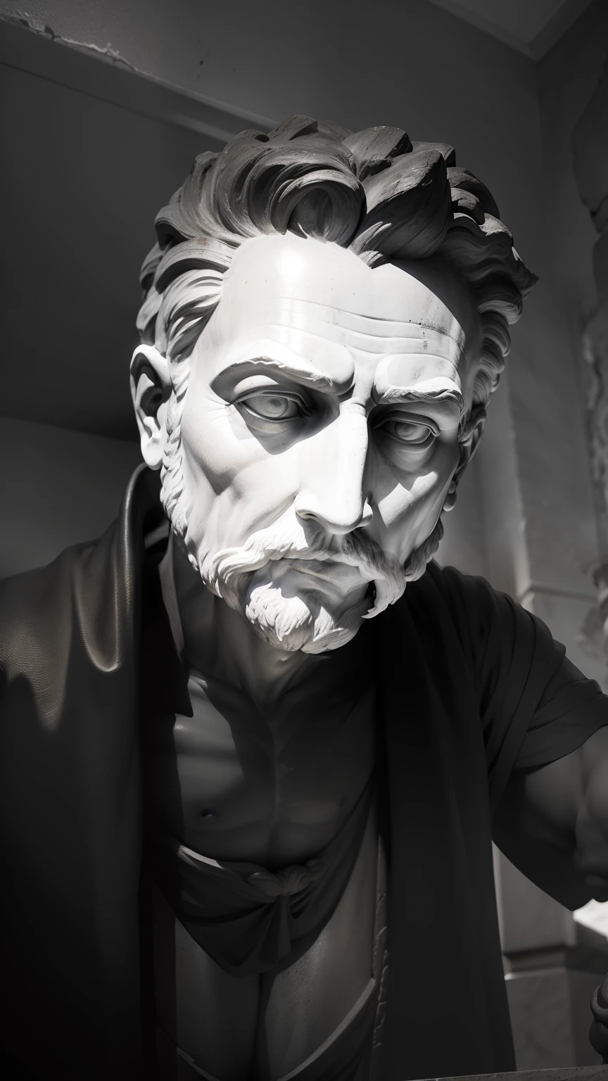 Create an awe-inspiring 8K image portraying a Greek philosopher from the 3rd century BC, immortalized as a statue. Set the scene in a dark and mysterious ambiance, with the figure of the philosopher blurred but enigmatically illuminated by epic lighting and shadows. The resulting image should exude the aura of profound contemplation and wisdom.
