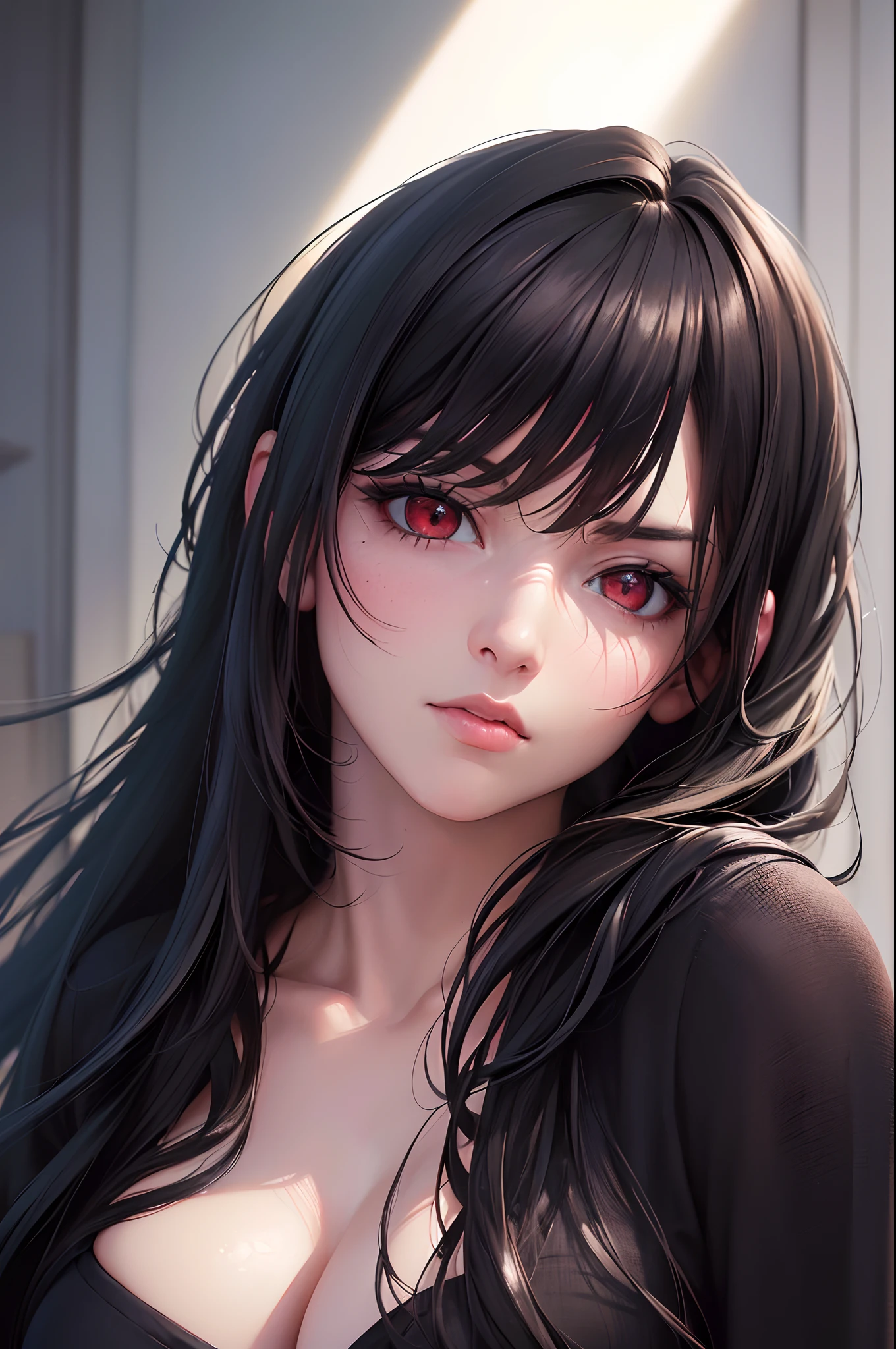 (best quality,4k,8k,highres,masterpiece:1.2), ultra-detailed, (realistic,photorealistic,photo-realistic:1.37), portraits, black long hair, red eyes, serious expression, large breasts, casual black clothes, hoodie