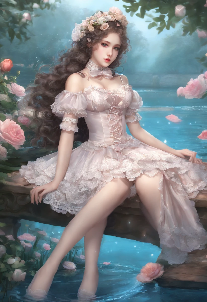 ((Realistic lighting, top quality, 8K, masterpiece: 1.3)), Clear Focus: 1.2, 1 woman, Perfect beauty: 1.4, Slender abs: 1.1, ((Long dark brown hair, big breasts: 1.2)), ( Ripped dress: 1.3, black leg stockings: 1.2, white lace panties), ((Doing a fashion show in a completely submerged palace:1.6)), Super fine face, fair eyes, double eyelids, hands on head, facing the camera, ,Yushuxin, 1Girl, Rococo style,  dresses, solo, brunettes, jewelry, long hair, dark palaces, earrings, bows, pink dresses, hanging gardens, aeriless gainsborough, long dresses, hair bows, forests, pink bows, laces, necklaces, hair tilts, chapped lips, wavy hair, lace dresses, lace sleeves, satin dress, lace dress, tiered dress, tiara, veil, pearl beading, 18 year old girl, front trim dress, high heels, black stockings, Very detailed, cute, shiny, high-end jeans, fantasy atmosphere, white underskirt, (looking from below), air bubbles rising above the water, panties are slightly visible