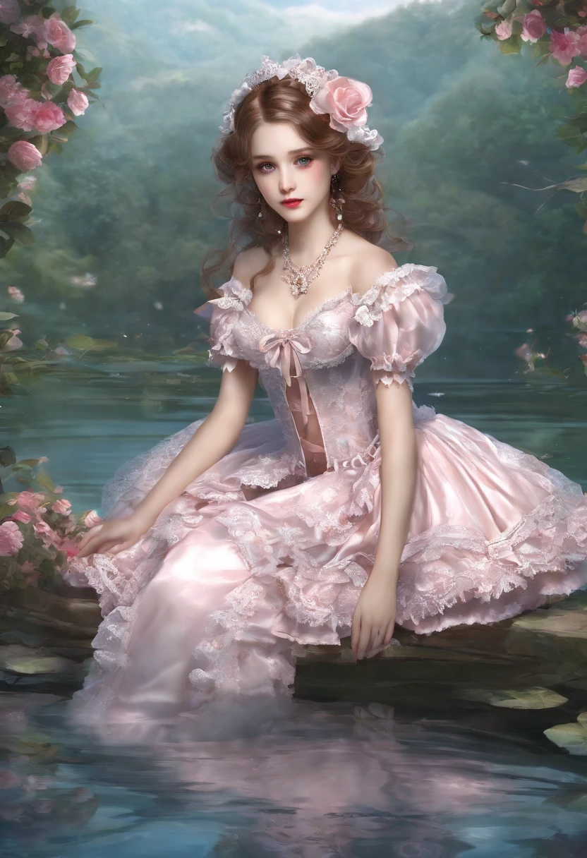 (lingerie:1.3), Takanobu Fujiwara(Takanobu Fujiwara)Digital rendering inspired by, pixiv, rococo, Victoria Gothic ta Fashion, Lolityle,lolita fon, one-piece,She is swimming in the lake,petticoat