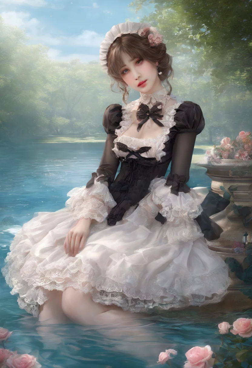 (lingerie:1.3), Takanobu Fujiwara(Takanobu Fujiwara)Digital rendering inspired by, pixiv, rococo, Victoria Gothic Lolita Fashion, Lolita Style,lolita fashion, one-piece,She is swimming in the lake,petticoat