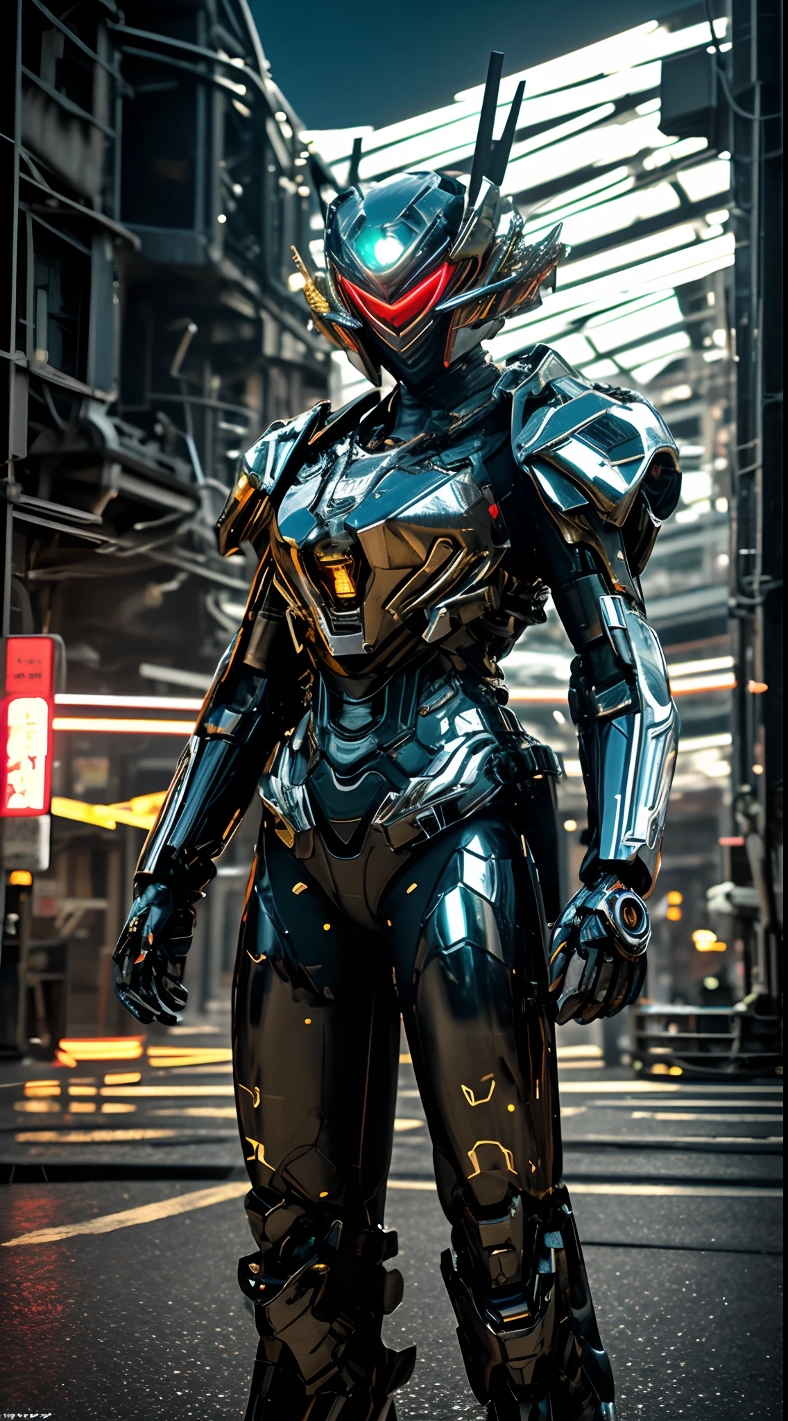 Emphasis on the woman,NSFW,(Realistic: 1.2), masutepiece, Best Quality, ultra-detailliert, very detailed illustration, Very detailed, intricate detailes, High resolution, Super Intricate Details, extremely detailed 8k CG wallpaper, (neons: 1.2),1girl in, (Full metal body,Fiber optic body: 1.2), (Realistic metallic glow), cowboy lens, cowboy shot,Random posture,dynamicposes,dynamic ungle,fighting poses,Fighting action,Caustics, Reflectors, Ray tracing, Devil theme, Silver and red body,Red body,Kamen Rider,nebulas, Dark halo, Network Effects, (1 girl: 1.4), Solo, Mechawood Sumui, Mechanical parts, Single robot arm, Head dress, Mechanical halo, Star Halo, Complex mechanical tights, mecha corset, Kimono, fully armoured, ((Holding a large gun in your hand)),Red Eyes, Glowing eyes, Eye Track, Random expressions, Random movement, ancient japanese architecture, Ponds, Starry sky, sky line, (( ultra gigantic tits,Colossal tits:1.7,Colossal tits:1.7,,,,, , low cut,Accentuated cleavage,perfectly proportions,Sensual female body lines,Largest big breasts)),城市,nighttime scene,natta,glowing sword in hand、With a big gun,cloaks