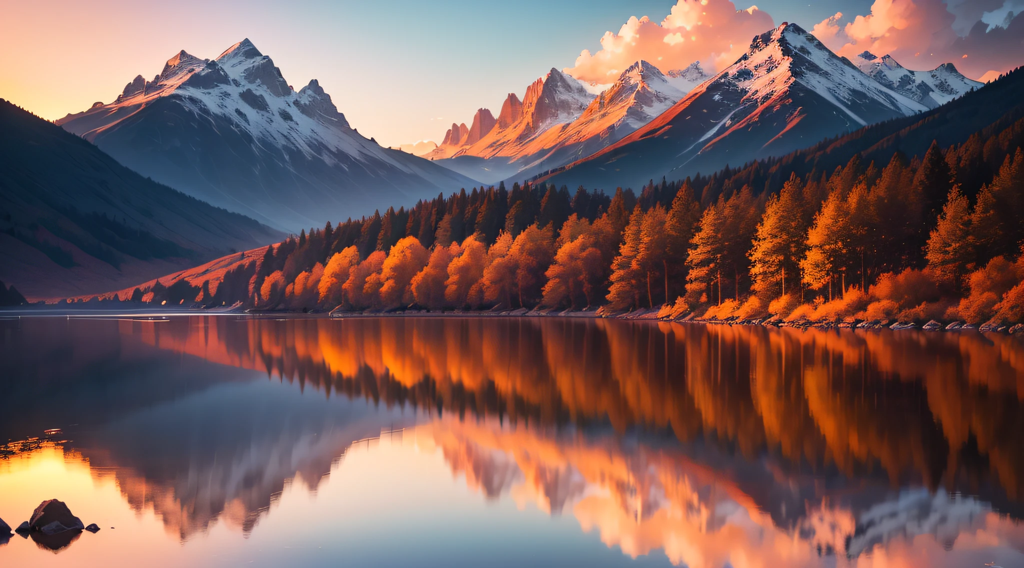 (sunset, picturesque, vibrant colors, serene mood, reflection on water, peaceful atmosphere, majestic view, golden rays, tranquil beauty, soft lighting, stunning landscape, ektachrome photography, Heise's masterpiece)