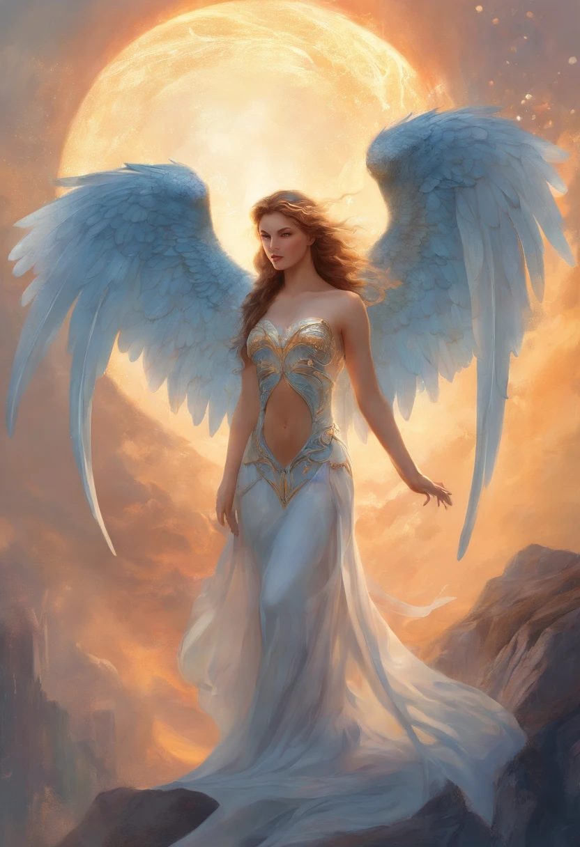a painting of an angel, with a beautiful face,((sculptural body, strong, well-turned and muscular legs)), ((with several huge wings)), ((angel wings)), various positions, full body, Frank Kelly Freas, Karol Bak style, best quality,32k ultra quality, parade paper quality, movie image, Classic 8K