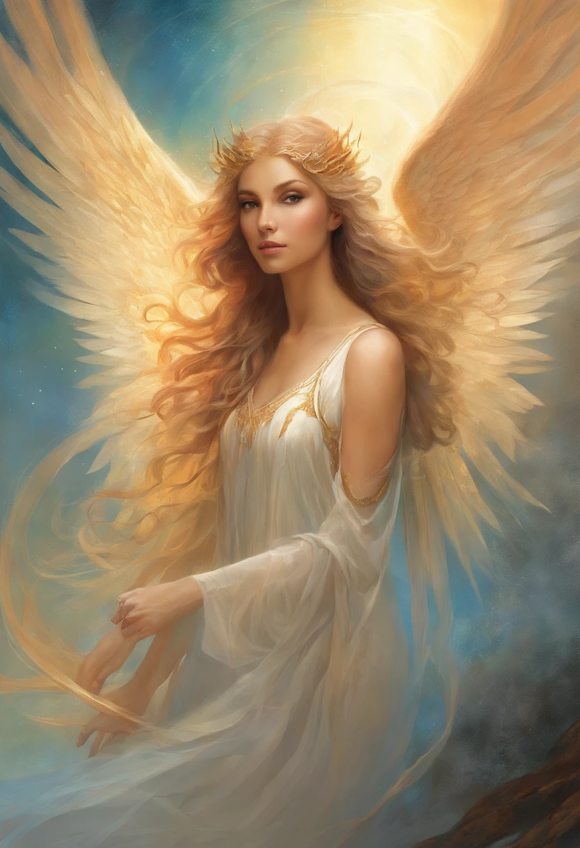 a painting of an angel, with a beautiful face,((sculptural body, strong, well-turned and muscular legs)), ((with several huge wings)), ((angel wings)), various positions, full body, Frank Kelly Freas, Karol Bak style, best quality,32k ultra quality, parade paper quality, movie image, Classic 8K