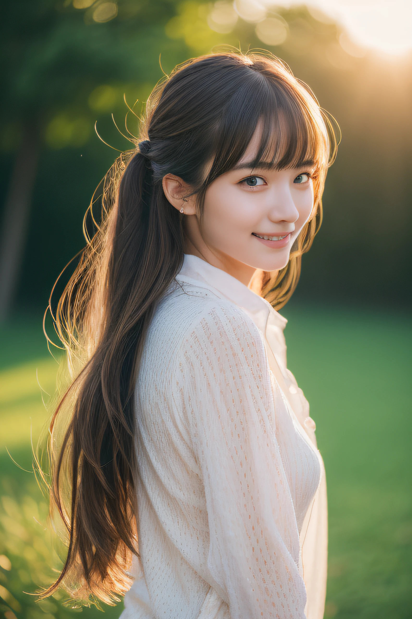 (((masterpiece))), top-quality, ultra-detailliert, Extremely detailed, Detailed background, light rays, Very beautiful girl, japanese, 16 yo, Detailed face, Solo, smile, (Full body:1.3), (random hairstyles :1.2), Bangs, (Young Face), (Perfect body:1.1), blouse, sunrise glow, Summer, in 8K, Wallpaper, amazing, finely detail, Ultra-detailed, 超A high resolution, Extremely detailed, Pure erotic face, extremely detailed eye and face, Beautiful detailed eyes, highlydetailed skin, No makeup, (Natural Skin),