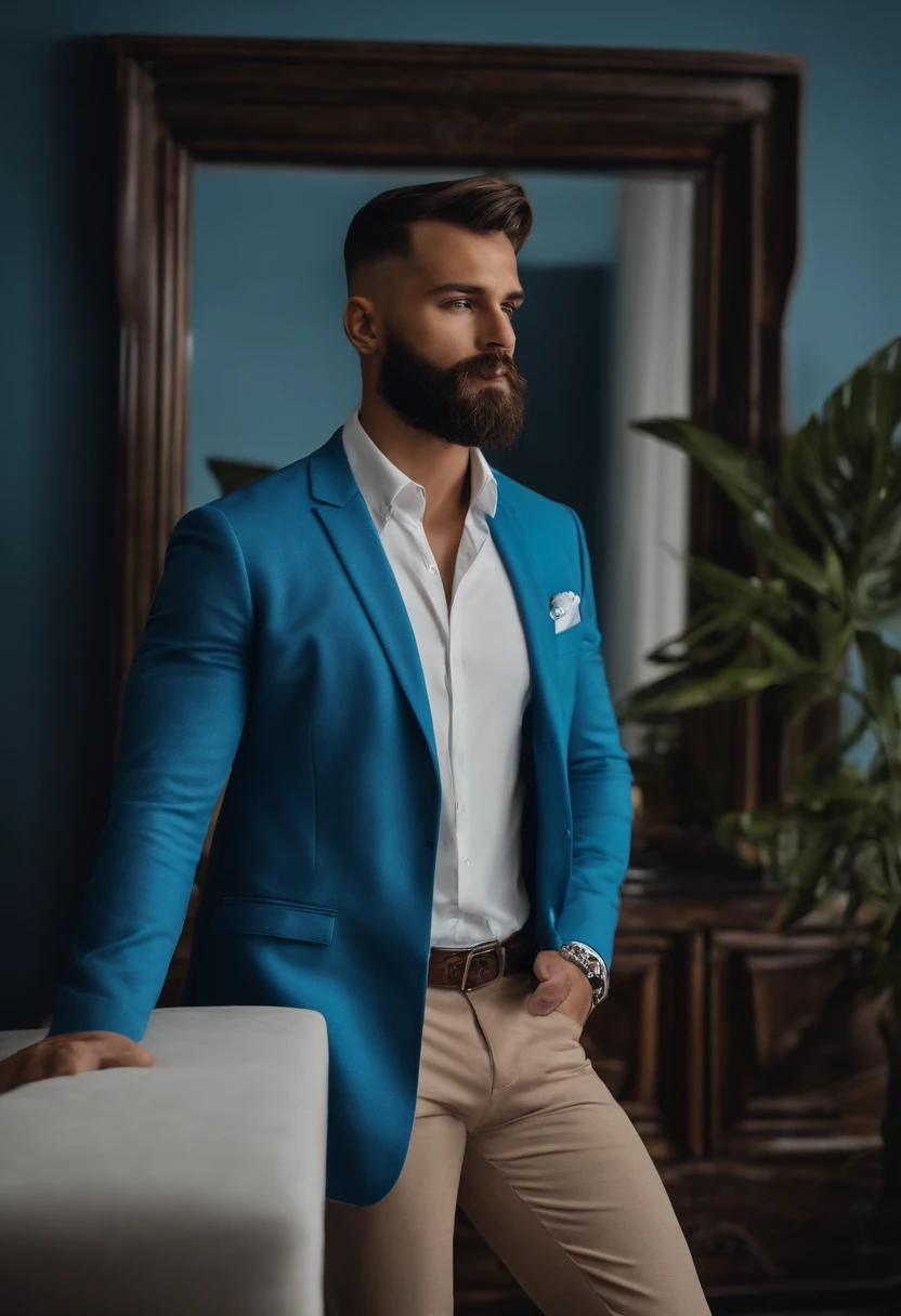 (Hombre ciberpunk con ropa elegante), ), (con una barba larga y llena,) (ojos azules) (retrato) Aspecto atractivo y serio, Cabello azul oscuro, Elegante y elegante, y camiseta de cuerpo fuerte, (Imagen realista y de alta calidad), in the background Scandinavian apartment with designer furniture and blue wall color in the background, ((La mejor calidad, 8k, Pieza maestra).