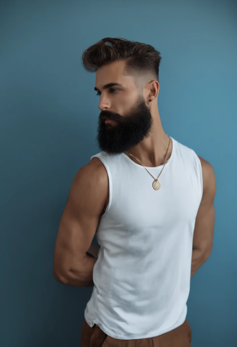 (Hombre ciberpunk con ropa elegante), ), (con una barba larga y llena,) (ojos azules) (retrato) Aspecto atractivo y serio, Cabello azul oscuro, Elegante y elegante, y camiseta de cuerpo fuerte, (Imagen realista y de alta calidad), in the background Scandinavian apartment with designer furniture and blue wall color in the background, ((La mejor calidad, 8k, Pieza maestra).