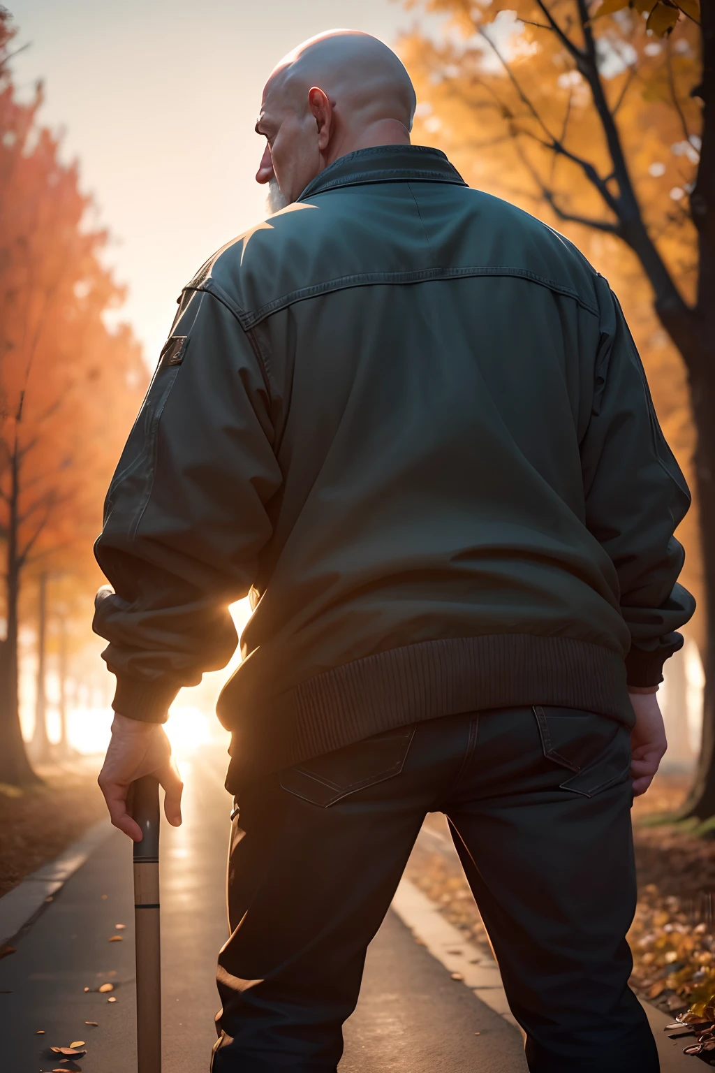 An old man with his back turned, bent over, and bald, resting his stick while walking in an avenue of bare trees, with the sun setting in the background. (best quality,4k,8k,highres,masterpiece:1.2),ultra-detailed,(realistic,photorealistic,photo-realistic:1.37),HDR,UHD,studio lighting,ultra-fine painting,sharp focus,physically-based rendering,extreme detail description,professional,vivid colors,bokeh,portraits,landscape,photography,warm color tones,gentle and soft lighting.