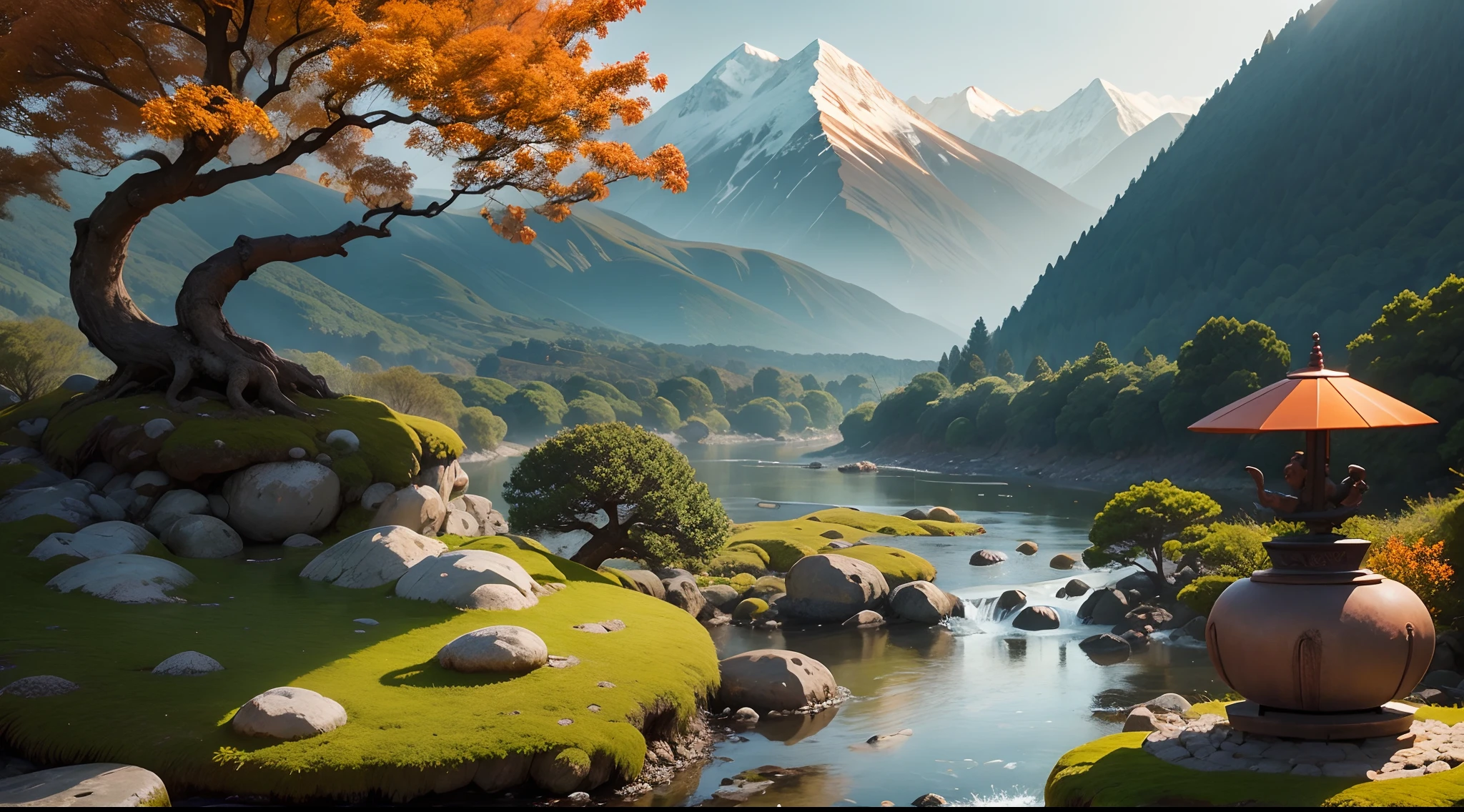 Monk wearing orange cloth sitting near the bonsai tree,river,mountain,nature,dark,morning