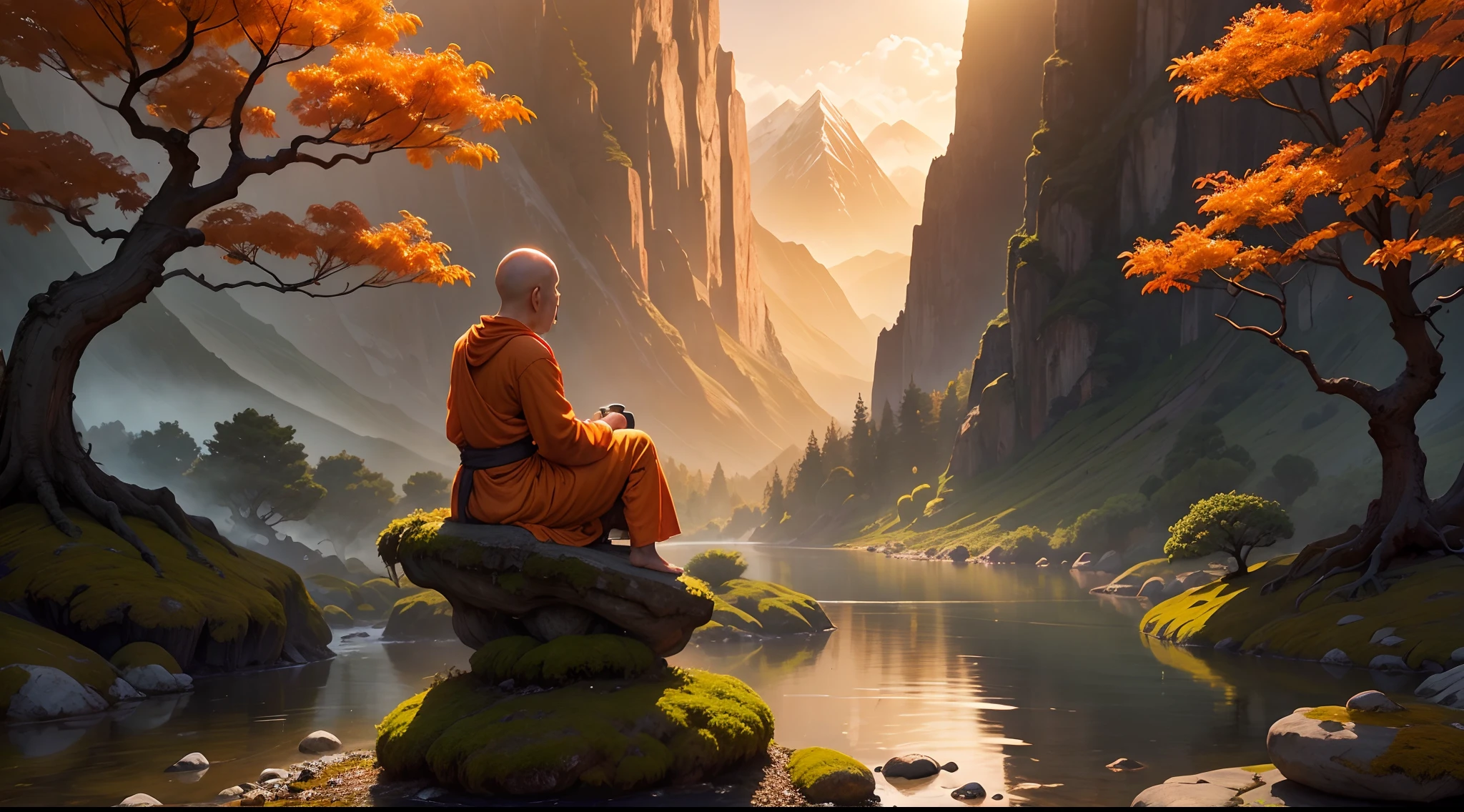 Monk wearing orange cloth sitting near the bonsai tree,river,mountain,nature,dark,morning