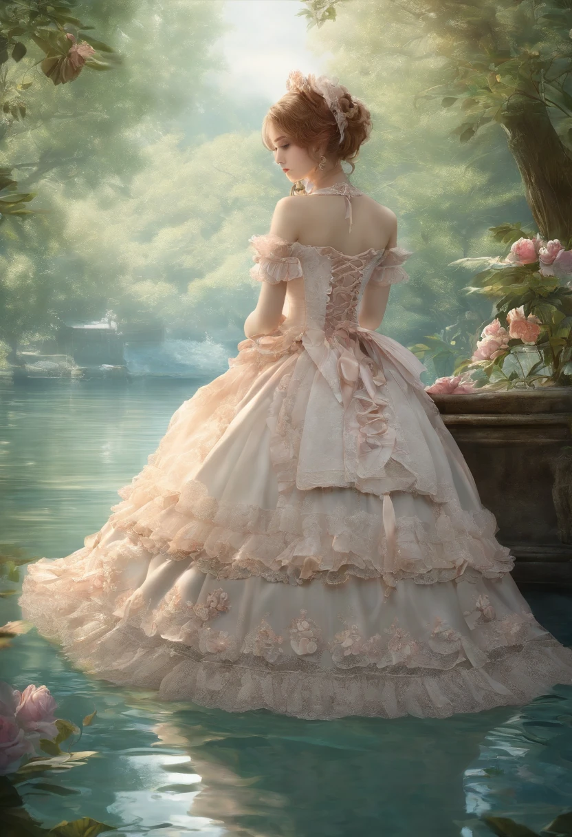 (lingerie:1.3), Takanobu Fujiwara(Takanobu Fujiwara)Digital rendering inspired by, pixiv, rococo, Victoria Gothic ta Fashion, Lolityle,lolita fon, one-piece,She is swimming in the lake,petticoat