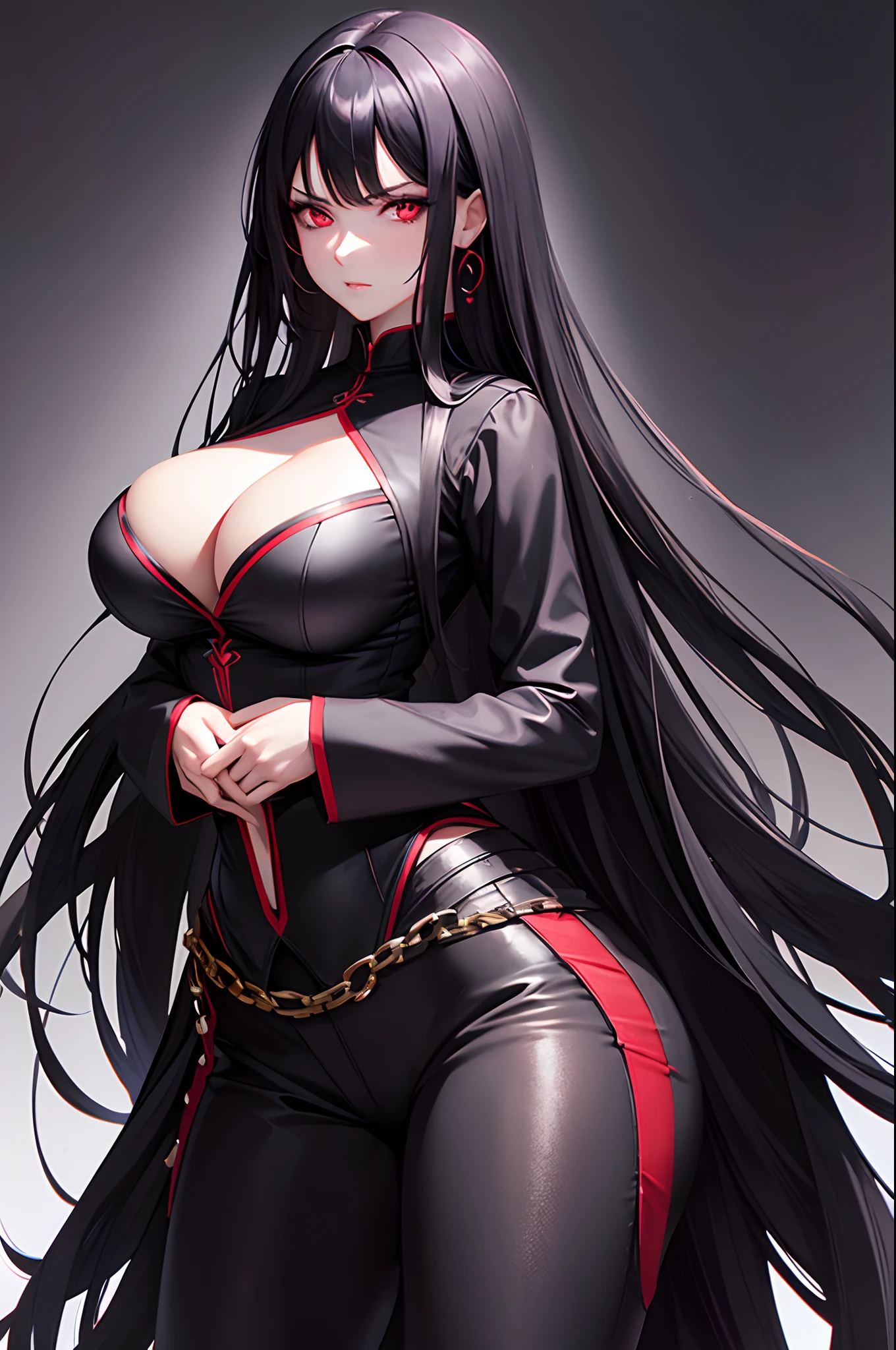Mulher,long black hair,red eyes,big breasts,serious expression,black blouse,black pants,(best quality:1.2),vivid colors,ultra-detailed,realistic,portrait,studio lighting