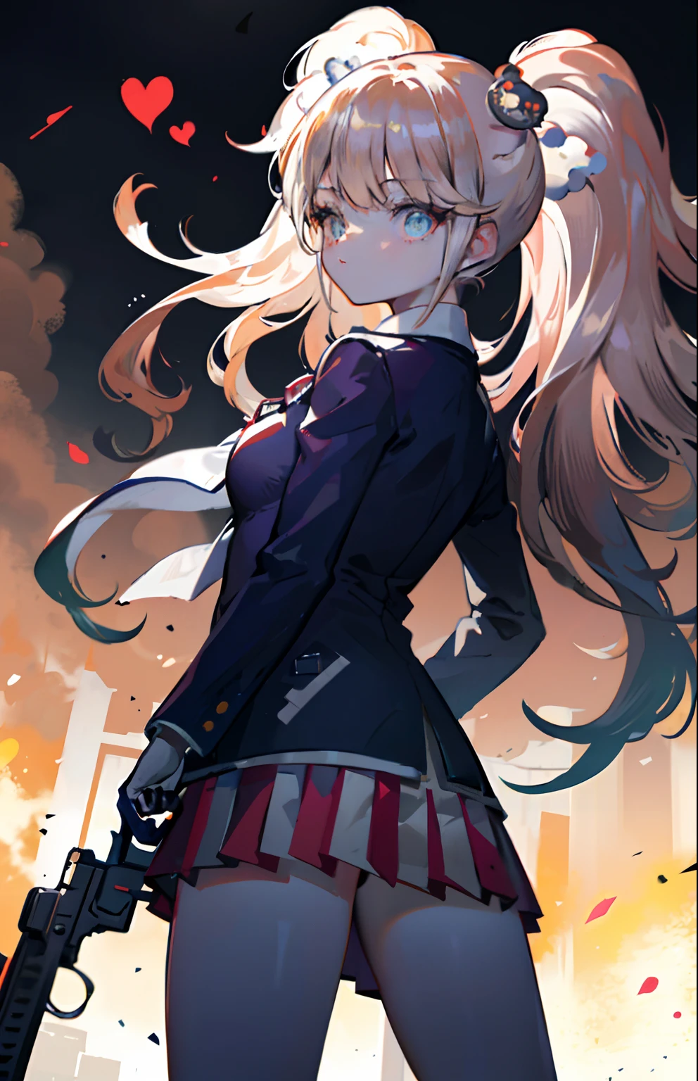 ((Masterpiece)), ((Best quality)), ((A high resolution)), ((Extremely detailed Cg Unity 8K wallpaper)),one-girl, (Cat-eared girl), Superskirt, ((pleatedskirt)), a black skirt, Japanese uniform, JK school uniform, Japanese high school girls' uniform, (White ladies shirt), Camouflage coat, Korean style blazer for women, (Black transparent stockings), Over-the-knee stockings, ((HK-416 rifle)), ((Armed with a firearm)), Fighting posture, (ornate backdrop), outside, Wasteland, Collapsed buildings, (battlefiled), (You can see the buildings), Broken streets, Abandoned cities, Walk the streets, Side Body, facing at camera, head looking up, Look at the camera, Shy, Tilt the camera sideways, Shooting, Shooting stance, poison fangs, Light blush, Fang, rape face, Reflectors, Cat ears, cat hair ornament, Striped hair, whaite hair, Brown hair, Gradient hair, ahoge, bangs, Long hair, Hairline, Absurdly long hair, hair over shoulders, Long hair, heart ahoge, hair splayed out, Floating hair, heart ahoge, Striped hair, anime big breast, Chiaroscuro, Depth of field, Cowboy shot, From the side Side, From below, 16k, A high resolution, Best quality, High quality, High details, Super detail, Anatomically correct, ccurate, Masterpiece, hyper HD