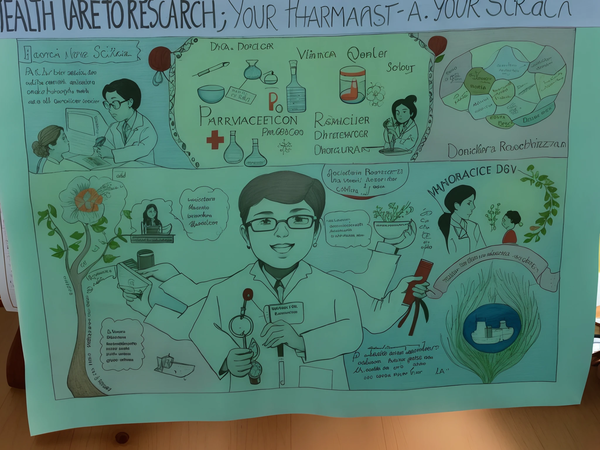 a close up of a poster with a drawing of a doctor, science poster, by Verónica Ruiz de Velasco, by Ceri Richards, by Ingrida Kadaka, by Brigette Barrager, by Kathleen Scott, by Rachel Reckitt, by Meredith Dillman, by Warren Mahy, by Jesse Richards, by David Burton-Richardson, scientist