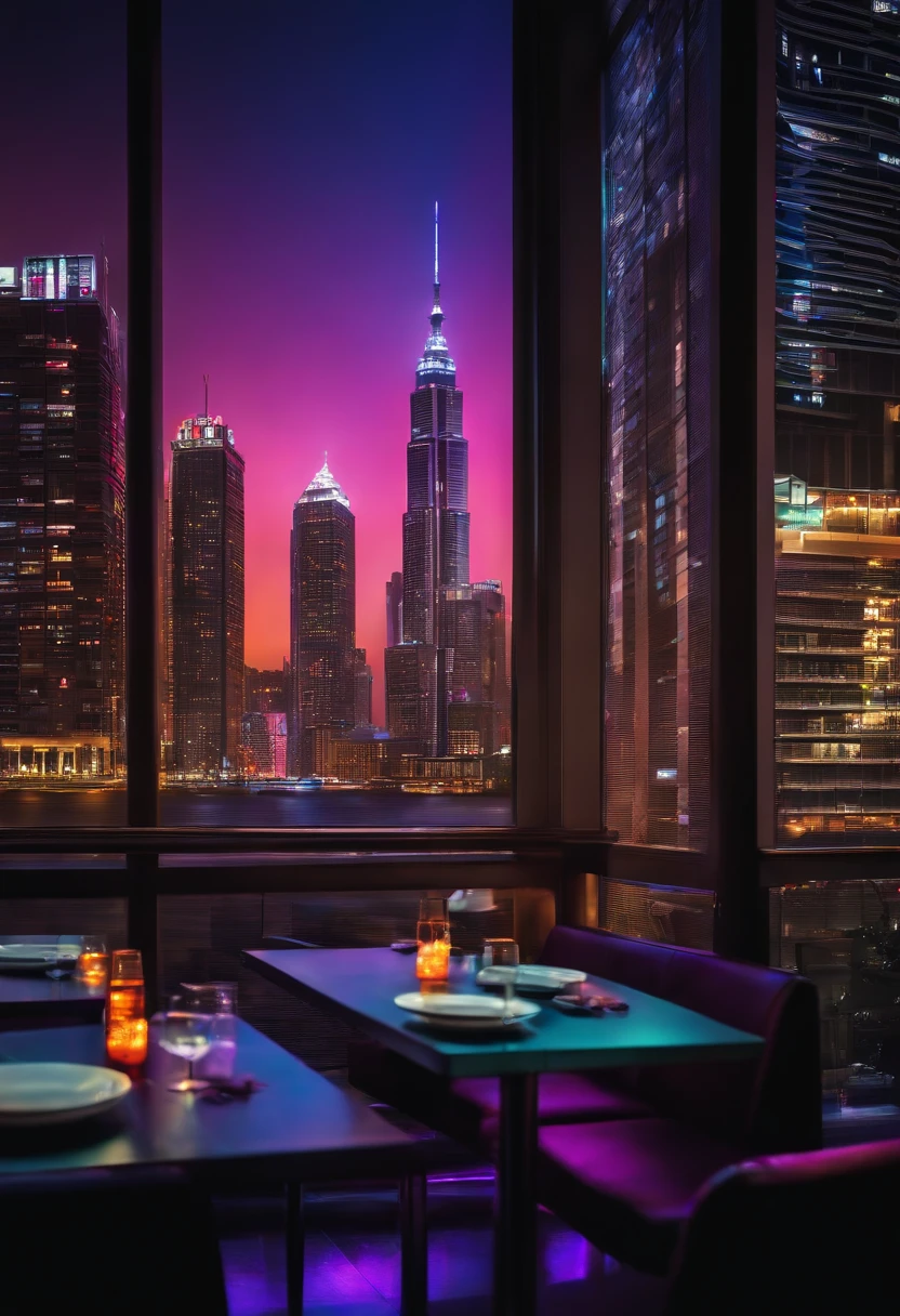 Dining with skyscrapers Restaurant Night view Neon Cyberpunk Big city