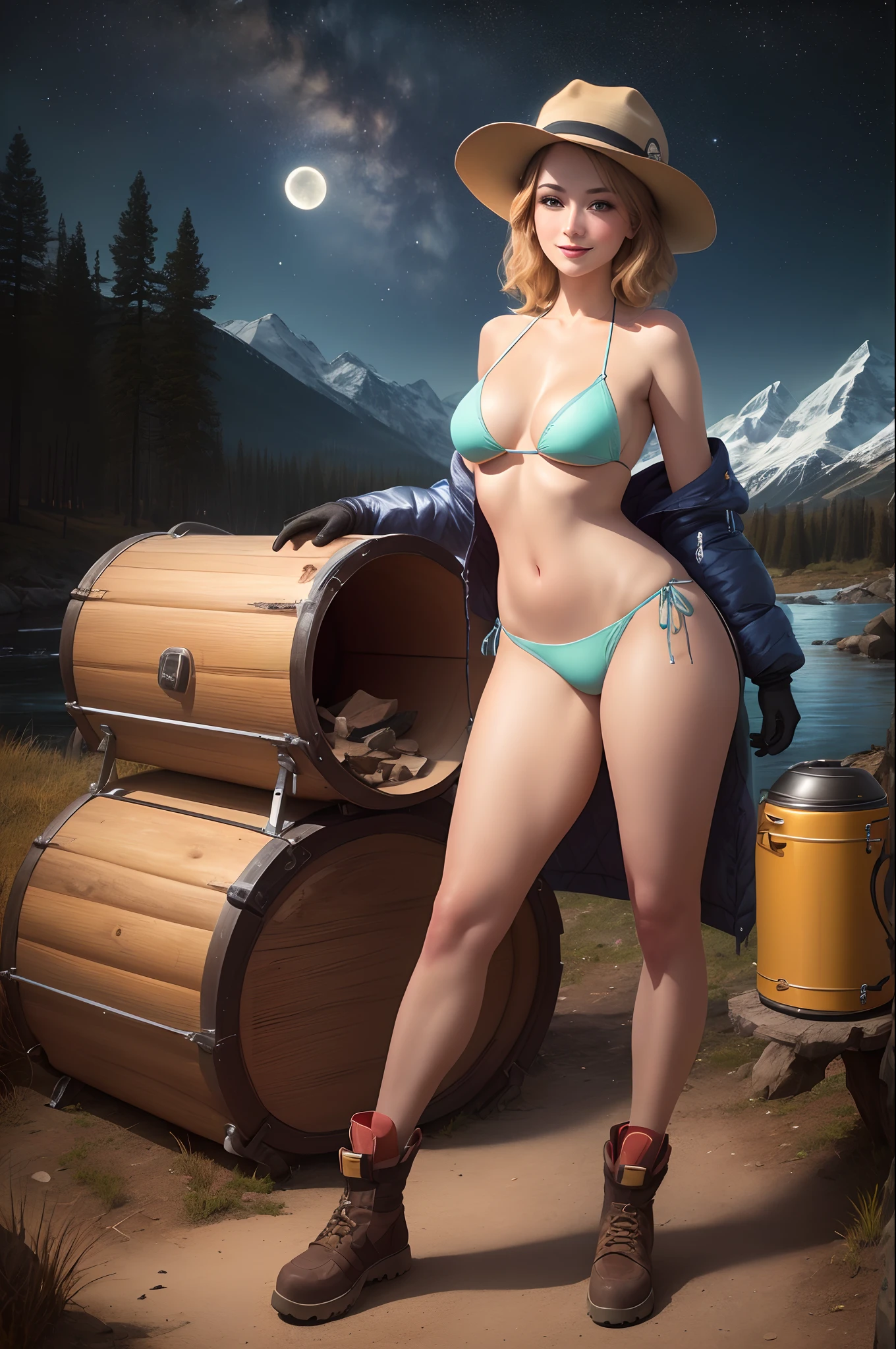 1 woman((full body, closeup, standing, posing, happy)), masterpiece, best quality, ultra-detailed,  solo, outdoors, (night), mountains, nature, (stars, moon)   cheerful, happy, bikini, sleeping bag, camping stove, mountain boots, gloves, short shorts, hat, forest, rocks, river, wood, smoke, shadows, contrast, clear sky, cyberpunk, seductive, sexy, fit, feminine, seduce,
analog style (look at viewer:1.2)  (skin texture)
(film grain:1.3), (warm hue, warm tone)