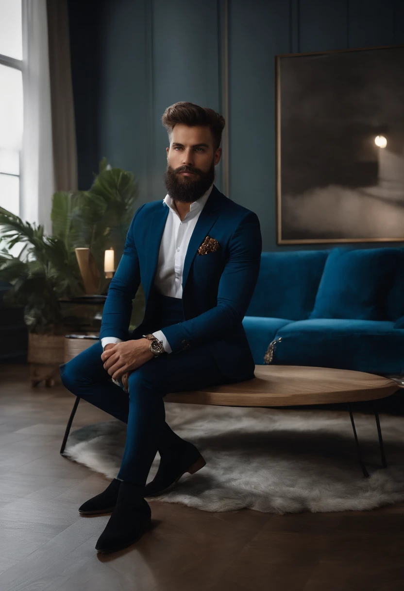 (Hombre ciberpunk con ropa elegante), ), (con una barba larga y llena,) (ojos azules) (retrato) Aspecto atractivo y serio, cabello azul oscuro, Elegante y elegante, y camiseta de cuerpo fuerte, (Imagen realista y de alta calidad), in the background Scandinavian apartment with designer furniture and blue wall color in the background, ((La mejor calidad, 8k, pieza maestra).