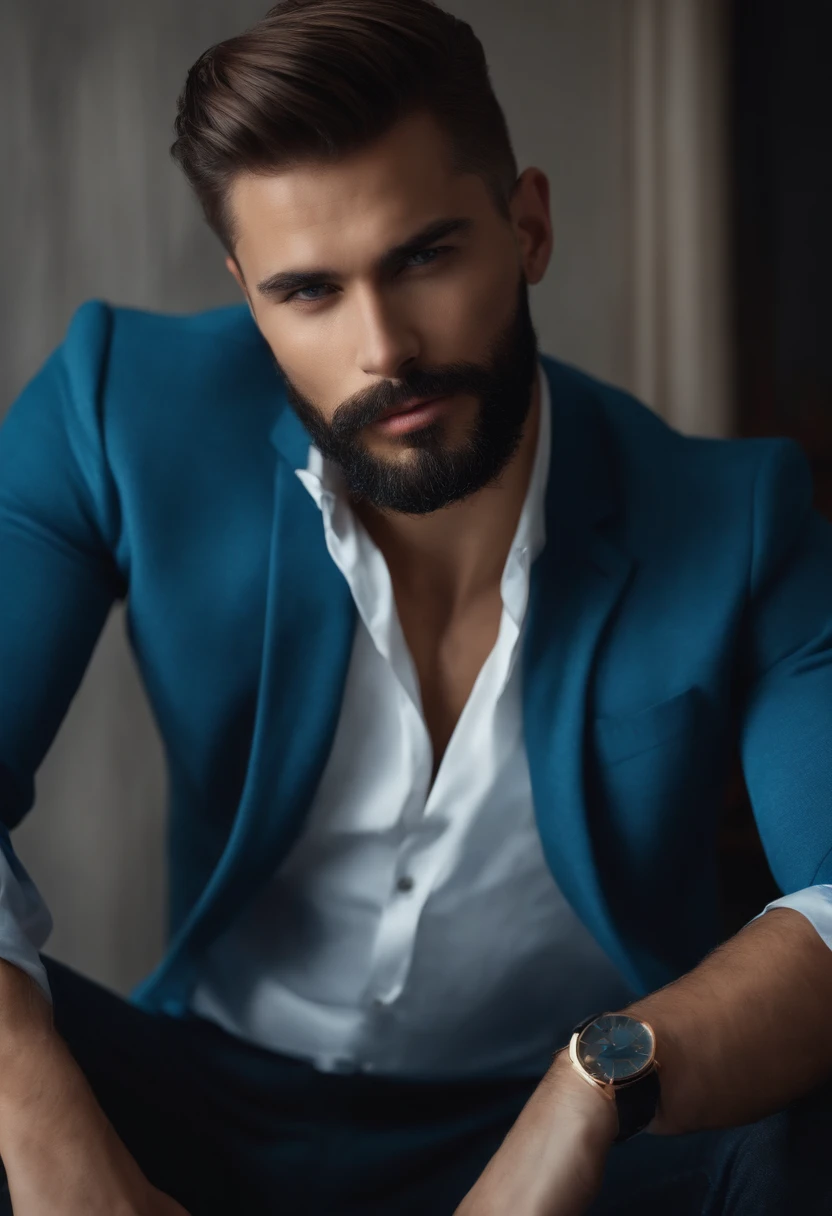 (Hombre ciberpunk con ropa elegante), ), (con una barba larga y llena,) (ojos azules) (retrato) Aspecto atractivo y serio, cabello azul oscuro, Elegante y elegante, y camiseta de cuerpo fuerte, (Imagen realista y de alta calidad), in the background Scandinavian apartment with designer furniture and blue wall color in the background, ((La mejor calidad, 8k, pieza maestra).