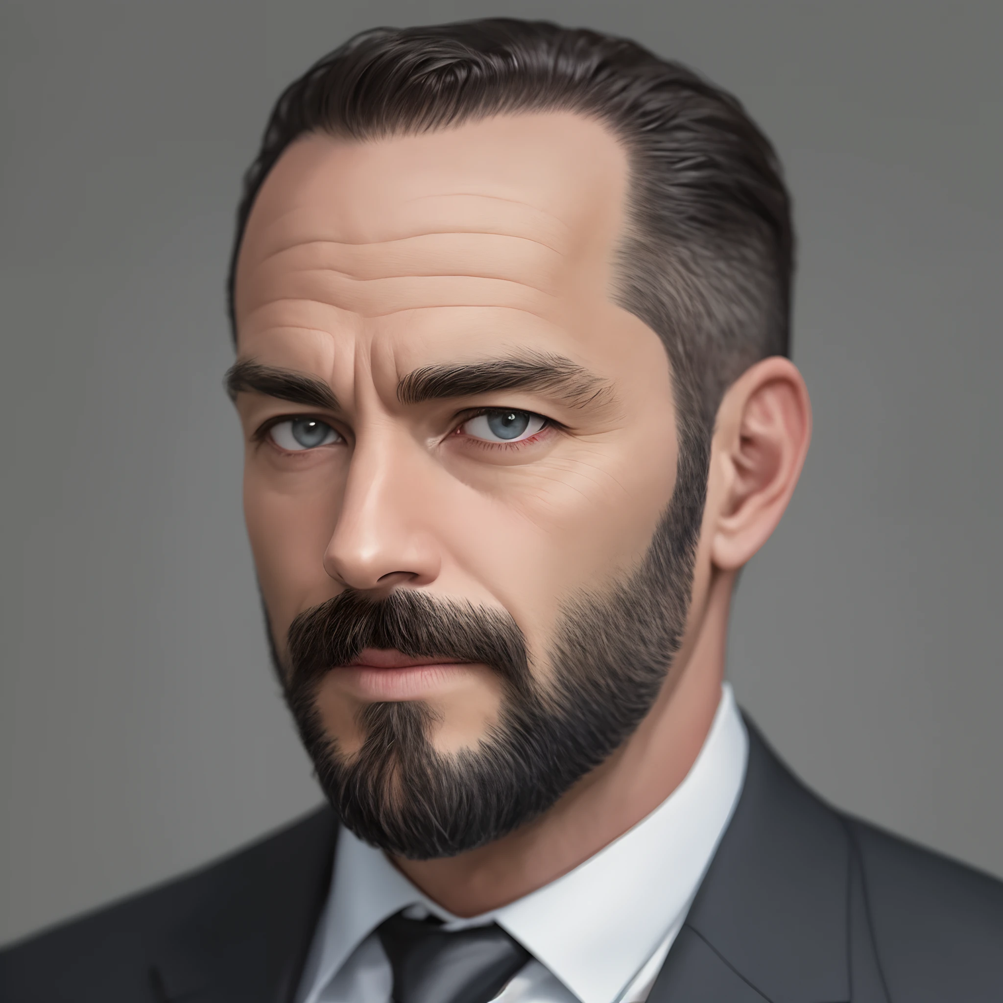 An executive dressed in a good black suit, close up, narrow face, semi-bald ,very short hair and receding,   with a trimmed, european of 44years old, front of camera, medium graying beard, shot with Sony Alpha a9 II and Sony FE 200-600mm f/5.6-6.3 G OSS lens, natural ligh, hyper realistic photograph, ultra detailed, grey background –ar 3:2 –q 2 –s 750 --auto --s2