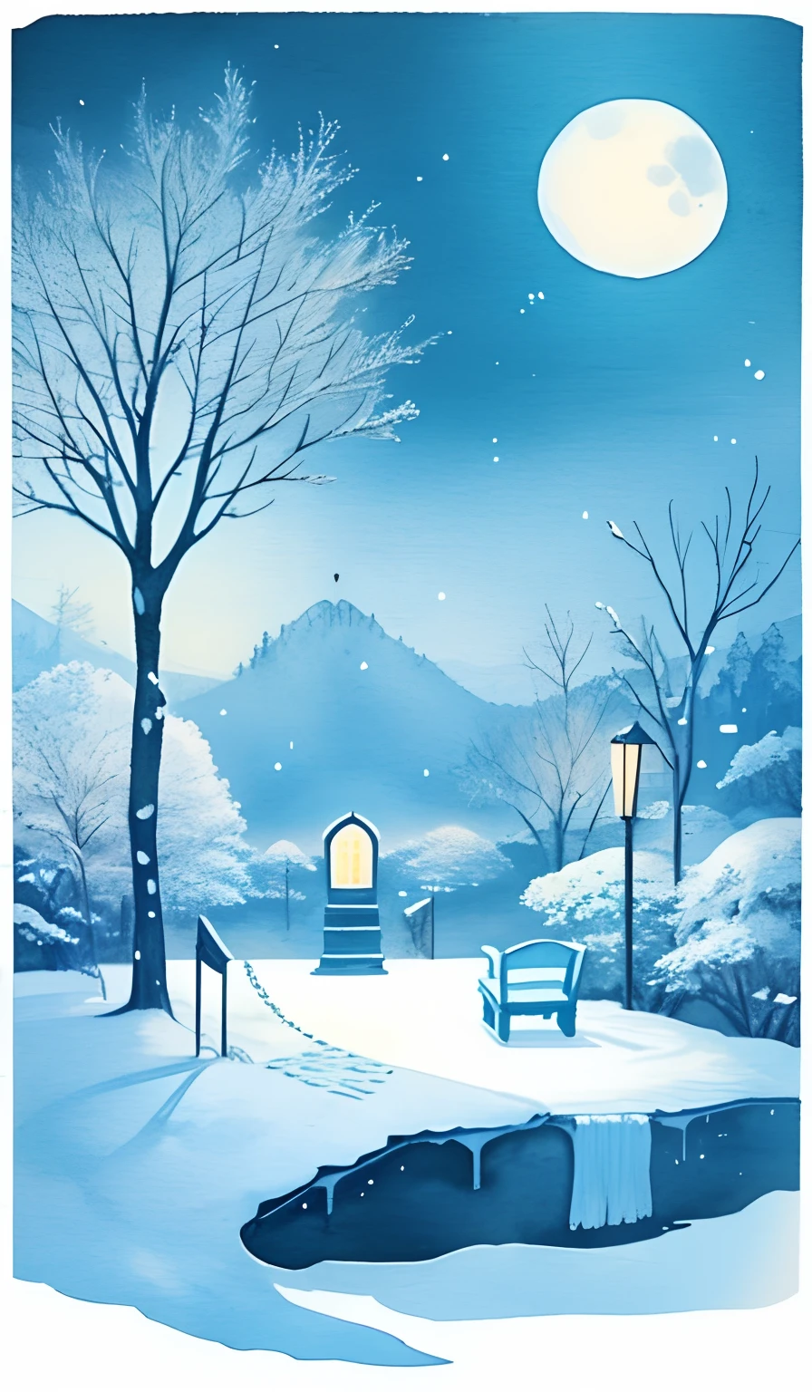 Moon, tree, Snow, Night, full moon, scenery, Painting (mediating), sky, Outdoors, aquarelle (mediating), Traditional media, flower, lamp post