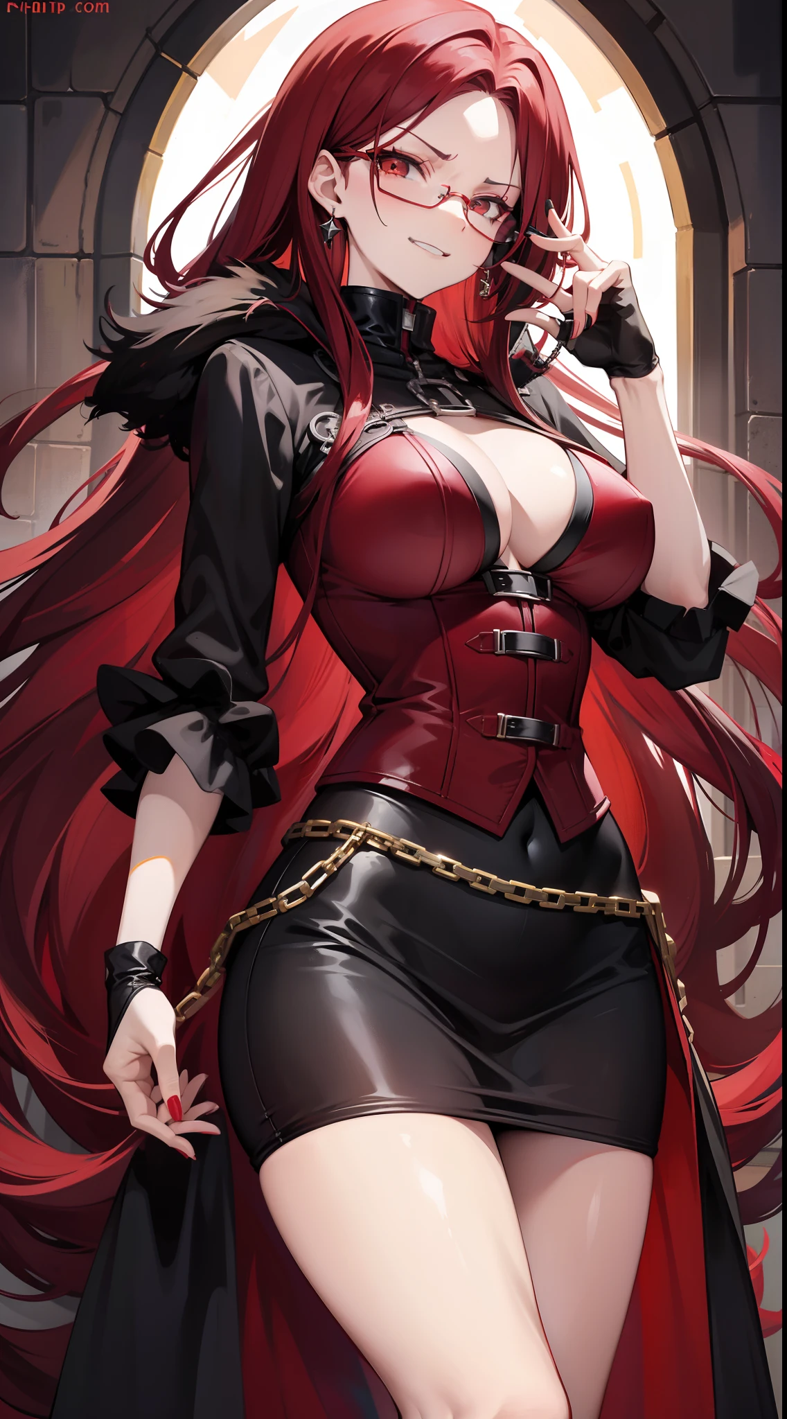 Adult woman, long red hair, brown eyes, glasses, red lipstick, large breasts, black tight general form, evil, smirk, chains, open breasts, Masterpiece, hiquality, 4k, HD, Good detail