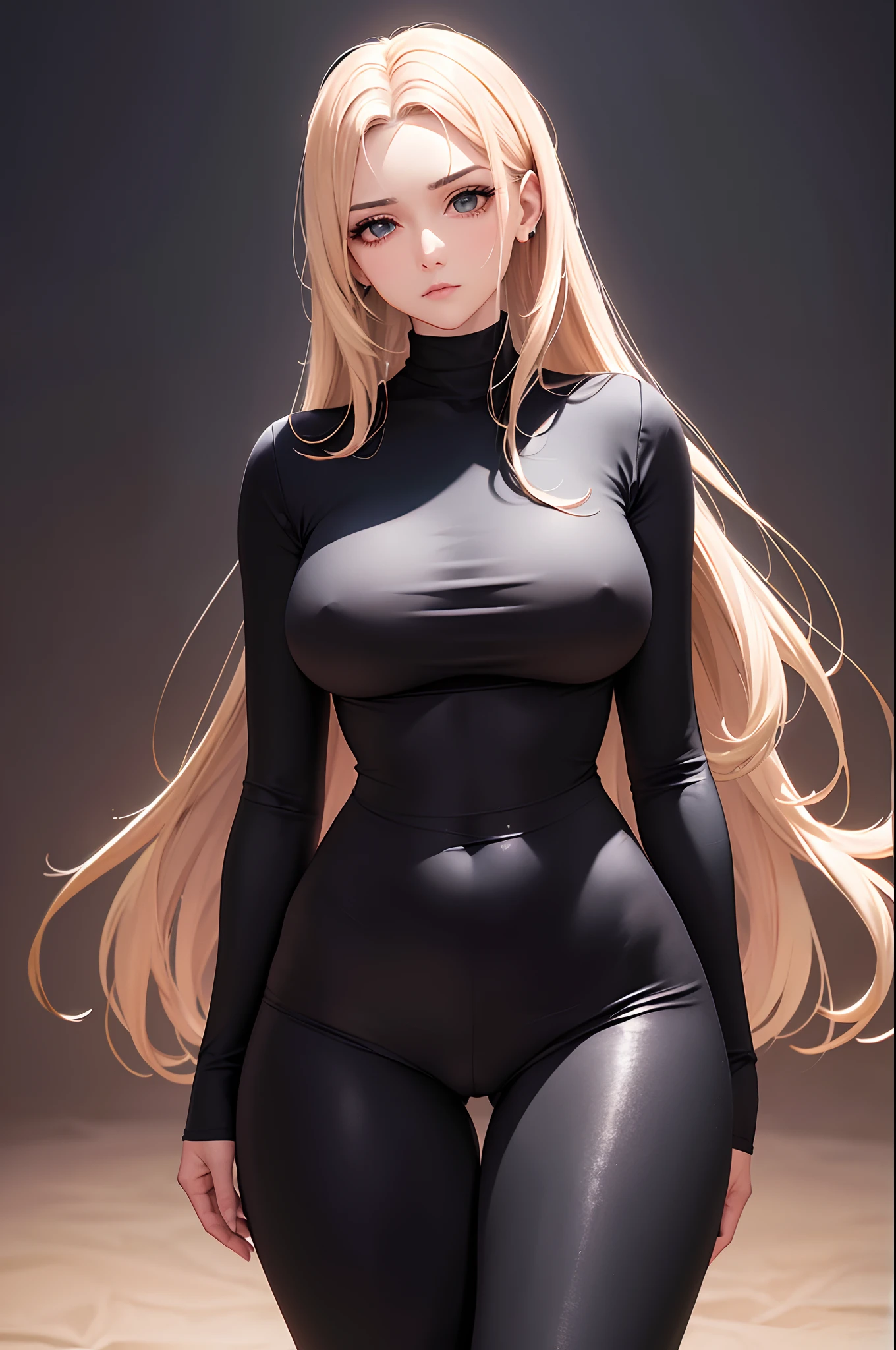 (melhor qualidade,Realistic),mulher de cabelos escuros, cabelos pretos longos, Olhos vermelhos intensos, seios grandes, Serious expression, tight black turtleneck with long sleeves, (skintight, preto:1.1) Pants