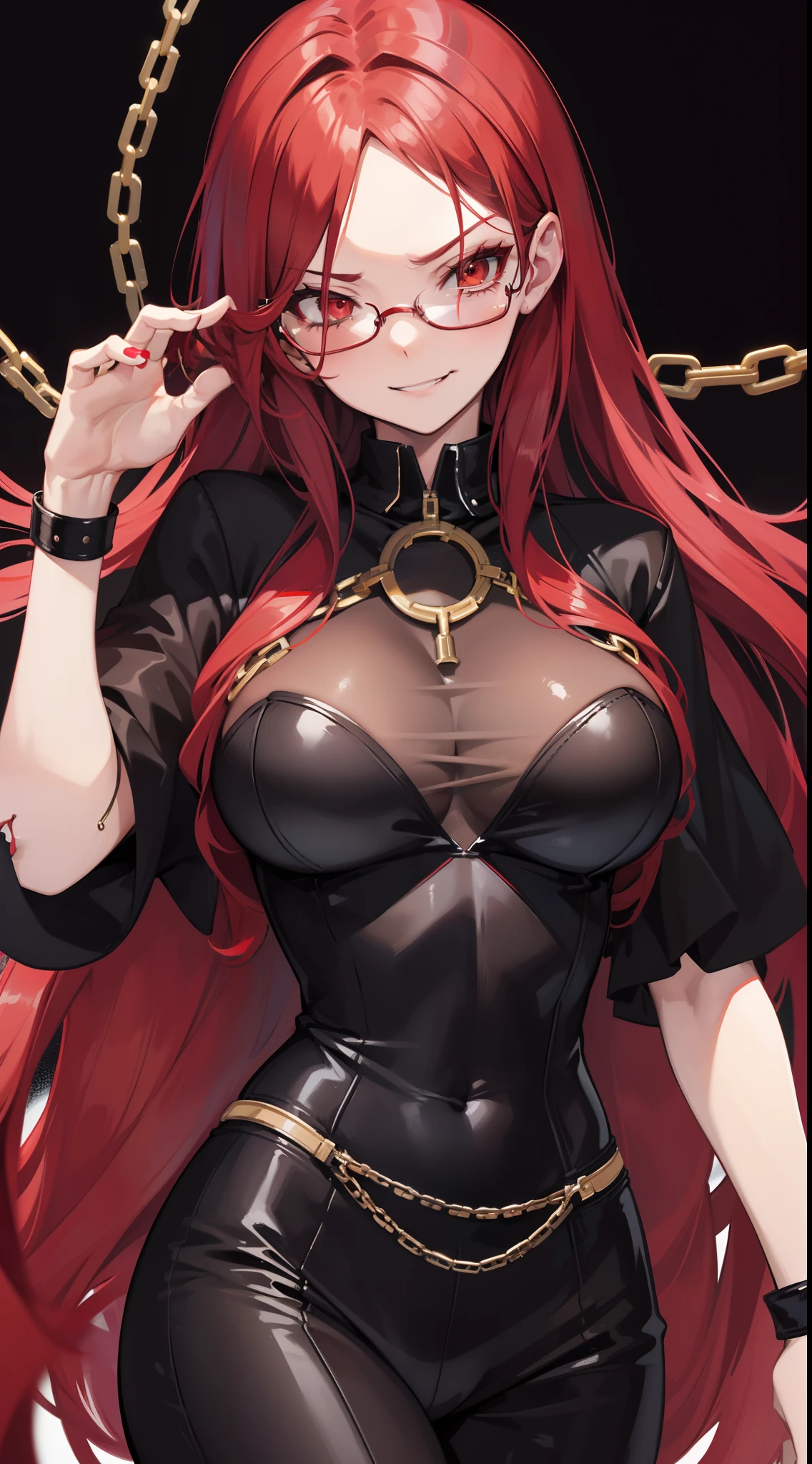 Adult woman, long red hair, brown eyes, glasses, red lipstick, large breasts, black tight general form, evil, smirk, chains, open breasts, Masterpiece, hiquality, 4k, HD, Good detail