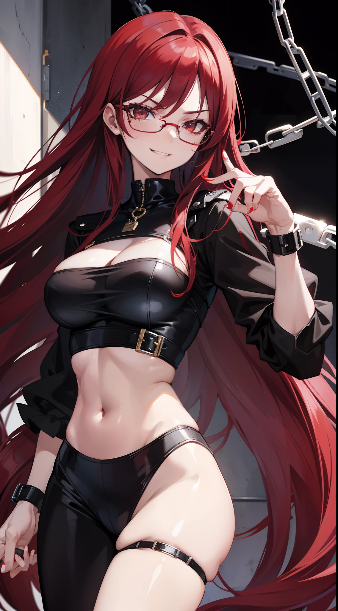 Adult woman, long red hair, brown eyes, glasses, red lipstick, large breasts, black tight general form, evil, smirk, chains, open breasts, Masterpiece, hiquality, 4k, HD, Good detail