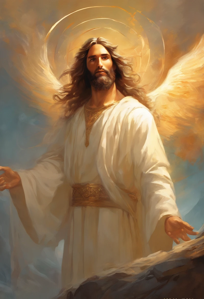 a painting of jesus christ, with a beautiful face with beard,((1man)), ((sculptural body, strong, shapely and muscular legs)), ((the son of God)), various positions, full body, Frank Kelly Freas, Karol Bak style, best quality,32k ultra quality, parade paper quality, movie image, Classic 8K