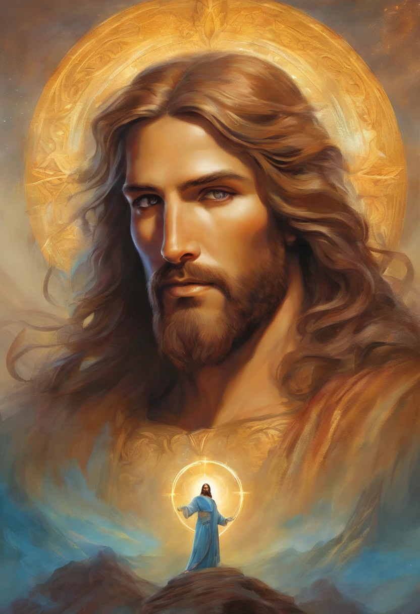 a painting of jesus christ, with a beautiful face with beard,((1man)), ((sculptural body, strong, shapely and muscular legs)), ((the son of God)), various positions, full body, Frank Kelly Freas, Karol Bak style, best quality,32k ultra quality, parade paper quality, movie image, Classic 8K