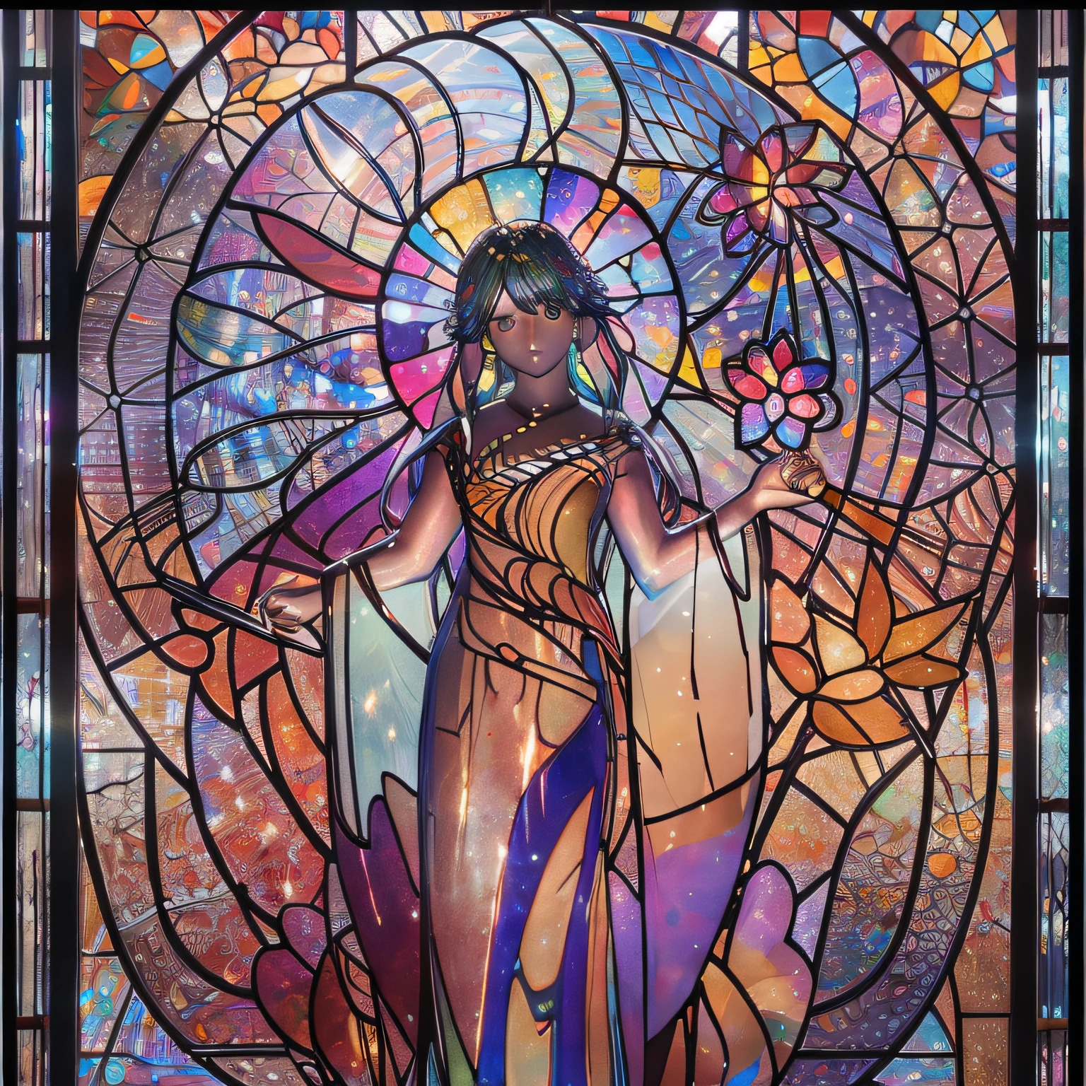 (masutepiece, of the highest quality, Best Quality,Official art, Beautiful and aesthetic:1.2),(1girl in:1.3), 1 Girl BREAK Stained Glass Art, Colored Glass, Lead Line, Light transmission breaks bright colors, intricate designs, luminous effect, Spiritual atmosphere