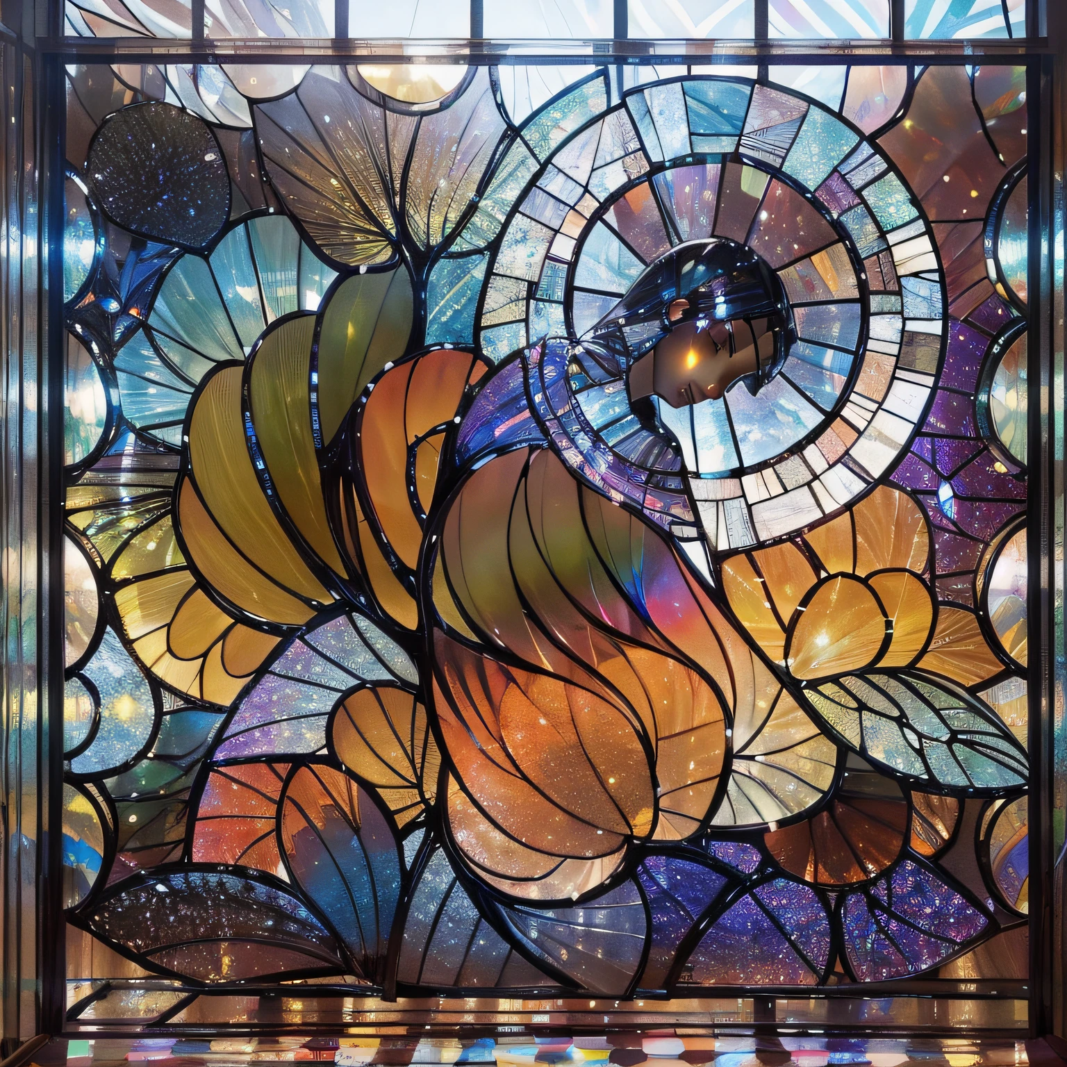 (masutepiece, of the highest quality, Best Quality,Official art, Beautiful and aesthetic:1.2),(1girl in:1.3), 1 Girl BREAK Stained Glass Art, Colored Glass, Lead Line, Light transmission breaks bright colors, intricate designs, luminous effect, Spiritual atmosphere