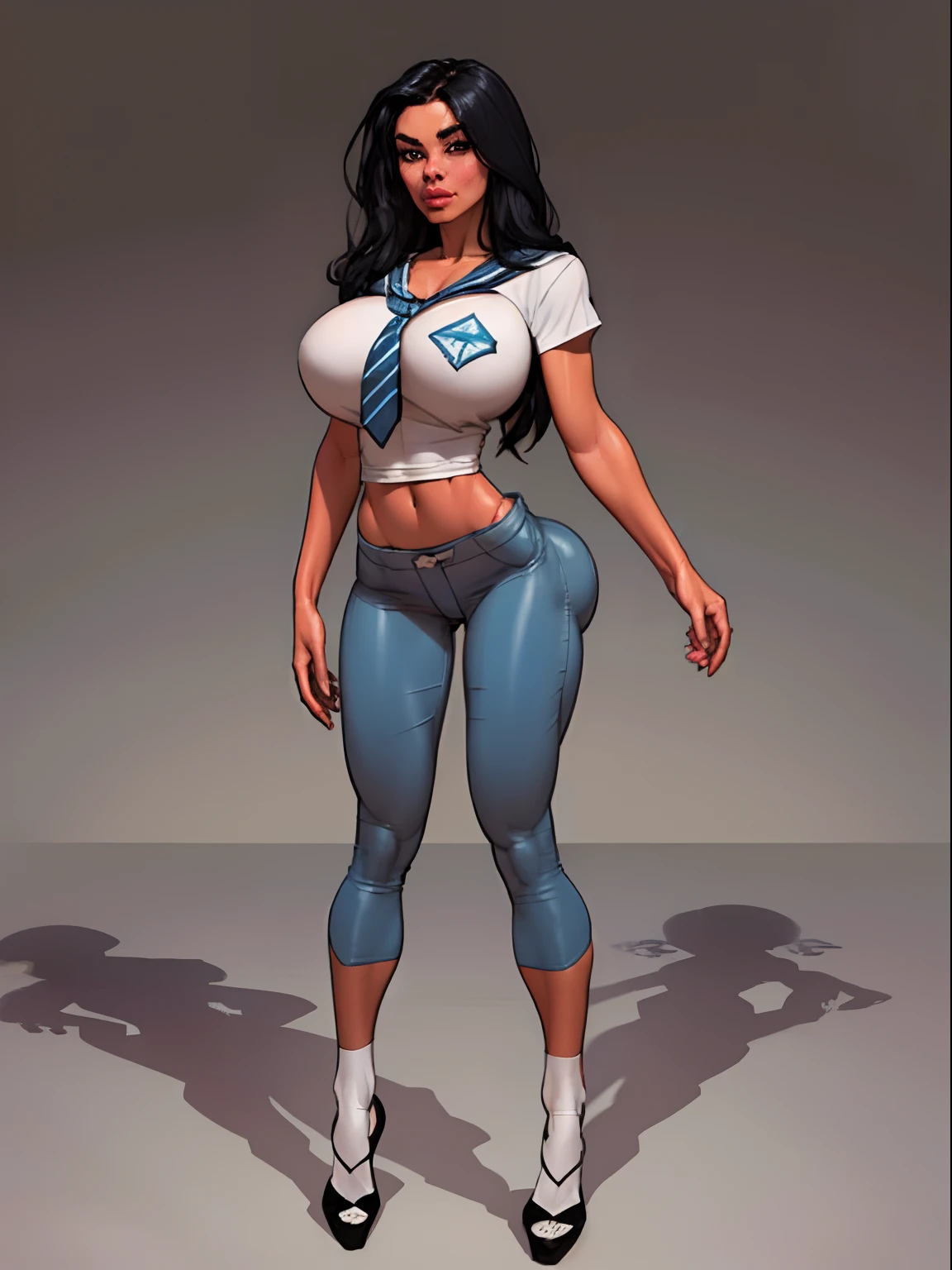 Lonely young adult girl, Tall stature, large chest, closed mouth, asian face: brown eyes; black hair; sharp facial features; dimple on the chin; asian; ; pronounced high cheekbones; high forehead, stands upright, (gigantic breasts:1.4), detailed face, school uniform: large ribbon; pants, Full-length painting, white crew socks, black heels, big eyes, Thepit style