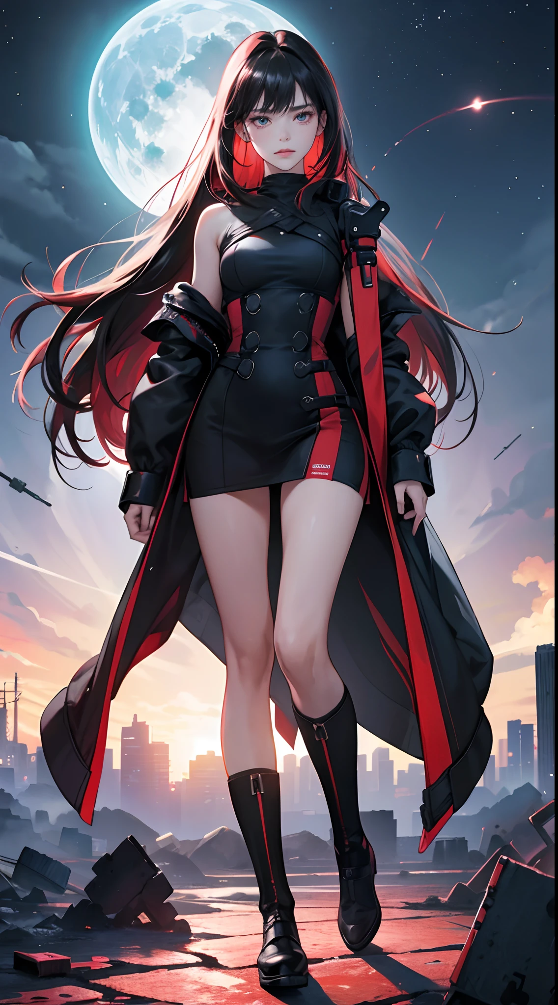(Best Quality,4K,High resolution), 18yo woman, Red highlights on black hair, Long hair, Straight hair, Cool Woman,Cold eyes ,sharp eye,Luminescent eyes,inattention,Standing Woman,Full body close-up,Turning the camera from behind,Doomsday World,Delicate depiction drawn down to the smallest detail,ripped clothing, Realistic portrayal,I cry、I had a dream、A ruined futuristic city,Bright night sky,Vibrant colors,Crimson Full Moon