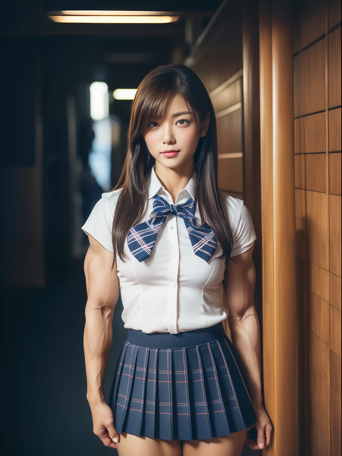 ulzzang -6500-v1.1, (Raw photo:1.2), (Photorealsitic), huge filesize, hight resolution, ighly detailed, top-quality, (​masterpiece:1.6),(Hyper-realistic: 1.4), ighly detailed, nffsw, finely detail, top-quality, 8k wallpaper,People with Japan,((Tanned dark brown skin:1.2)),((one girls)),17 age、cowboy  shot、((Muscular woman like a bodybuilder:1.8)) ,(Hourglass-shaped body)、((Huge ass)),((thick and strong legs、Sculpted muscular legs:1.6))、((Thick arms with sculpted muscles:1.3))、wide breasts, ((Disproportionately large breasts:1.2))、((Lori face:1.2))、Narrow eyes, cute  face, Narrow eyes,((closes mouth、A smile))、((Straight hair、One-length))、((((Japan schoolgirl uniform、White short-sleeved shirt、a bow tie、Navy Blue Plaid Pleated Skirt、Dark blue high socks))))、((Stand in front of the entrance of a Japanese-style izakaya in a narrow alley illuminated by neon lights at night))、 (Realistic: 1.3), (Smooth lighting: 1.05), (Improved cinematic lighting: 0.9), Realistic lighting, Backlight, Face Light, raytrace, (Whitening light: 1.2), (Image enhancement: 1.4), ( Top quality real skins: 1.4),  (Body Line Mood Increase:1.1),  (Skin Texture Enhancement Beauty:1.1),
