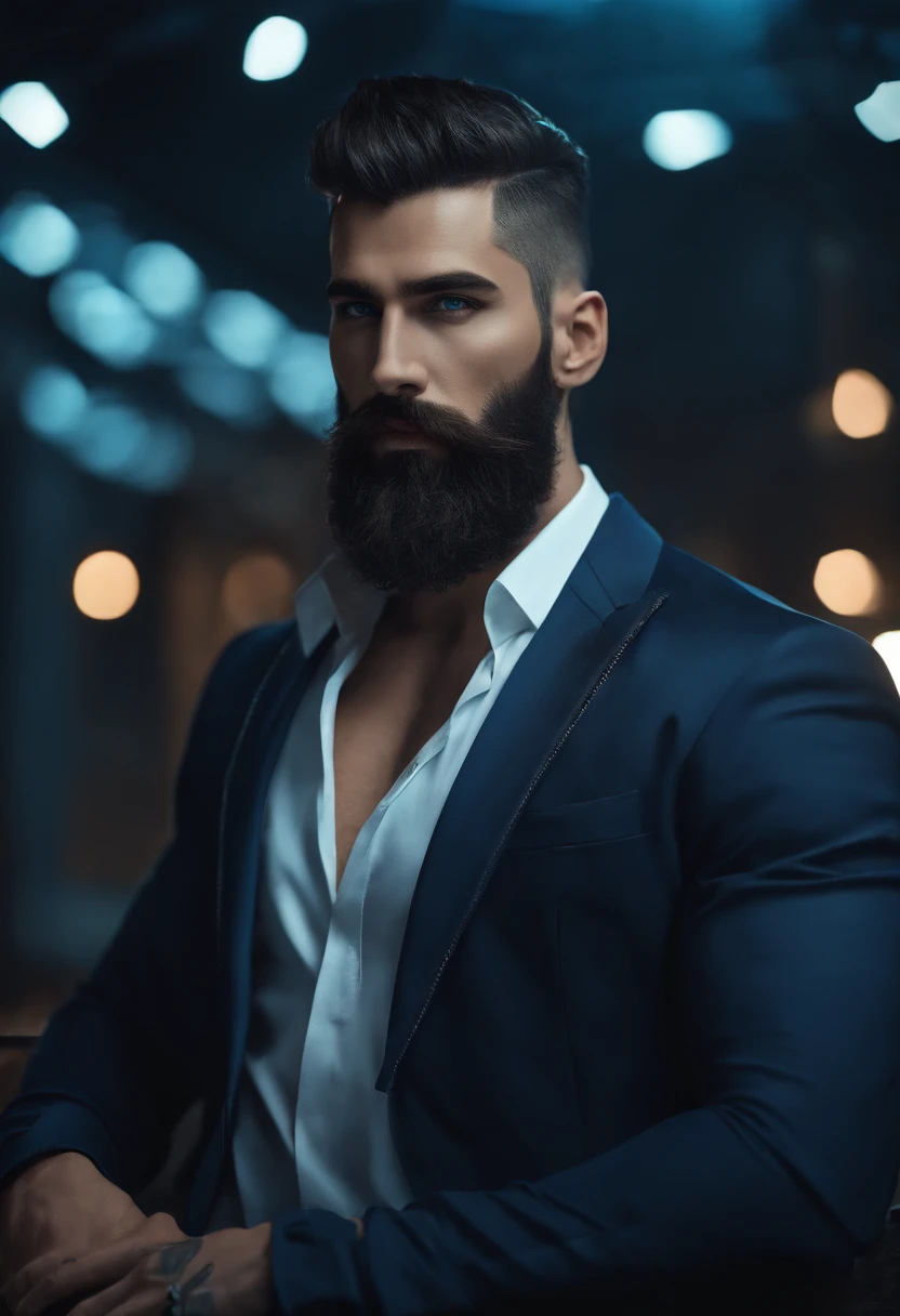 (Cyberpunk man in stylish clothes), (with a long, full beard,) (blue eyes) (portrait) Handsome and serious appearance, dark blue hair, Stylish and elegant, and strong body t-shirt, (Realistic and high quality), ((Best quality, 8k, master piece).