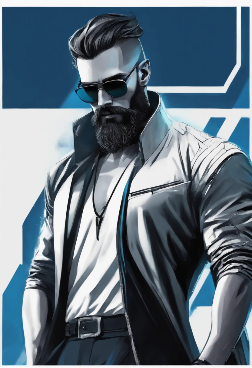 (Cyberpunk man in stylish clothes), (with a long, full beard,) (blue eyes) (portrait) Handsome and serious appearance, dark blue hair, Stylish and elegant, and strong body t-shirt, (Realistic and high quality), ((Best quality, 8k, master piece).