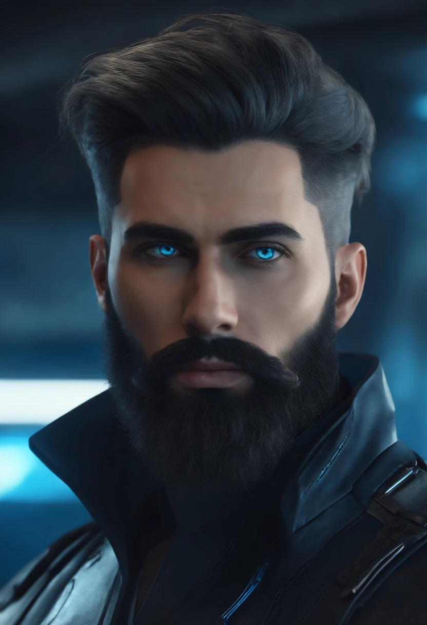 (Cyberpunk man in stylish clothes), (with a long, full beard,) (blue eyes) (portrait) Handsome and serious appearance, dark blue hair, Stylish and elegant, and strong body t-shirt, (Realistic and high quality), ((Best quality, 8k, master piece).