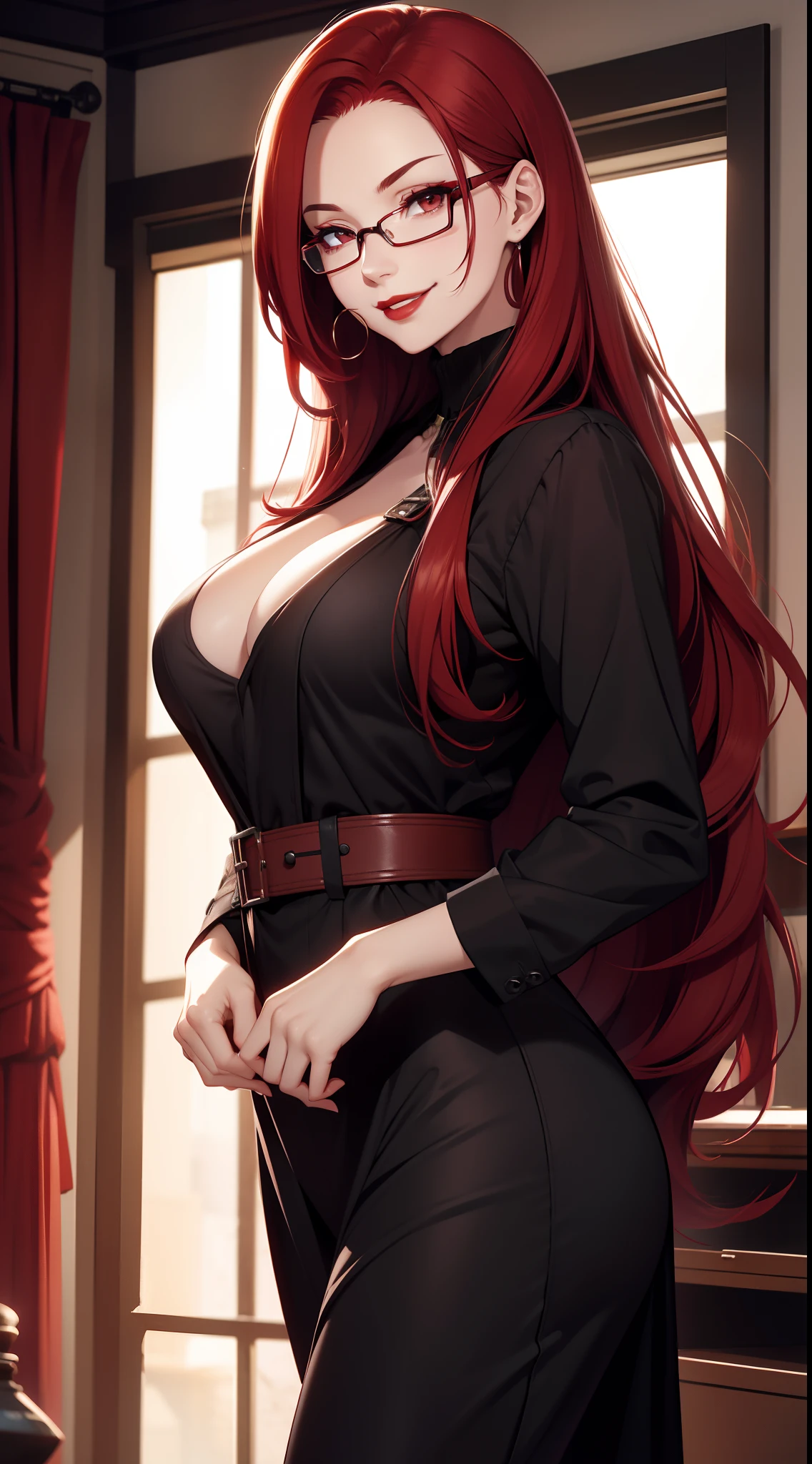 Adult woman, Long red hair, Brown eyes, eyeglasses, red lipstick, large breasts, Black Dense Overall Shape, evil, smirk, fetters, open breasts, Masterpiece, hiquality, 4k, HD, Good detail