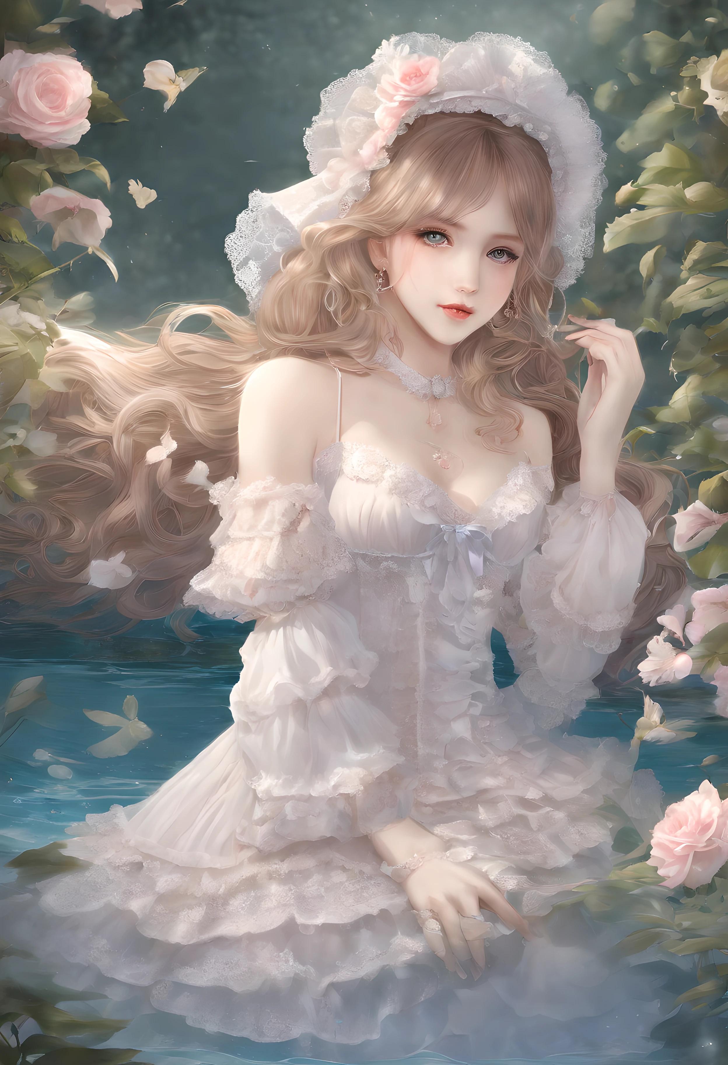 (lingerie:1.3), Takanobu Fujiwara(Takanobu Fujiwara)Digital rendering inspired by, pixiv, rococo, Victoria Gothic ta Fashion, Lolityle,lolita fon, one-piece,She is swimming in the lake,petticoat