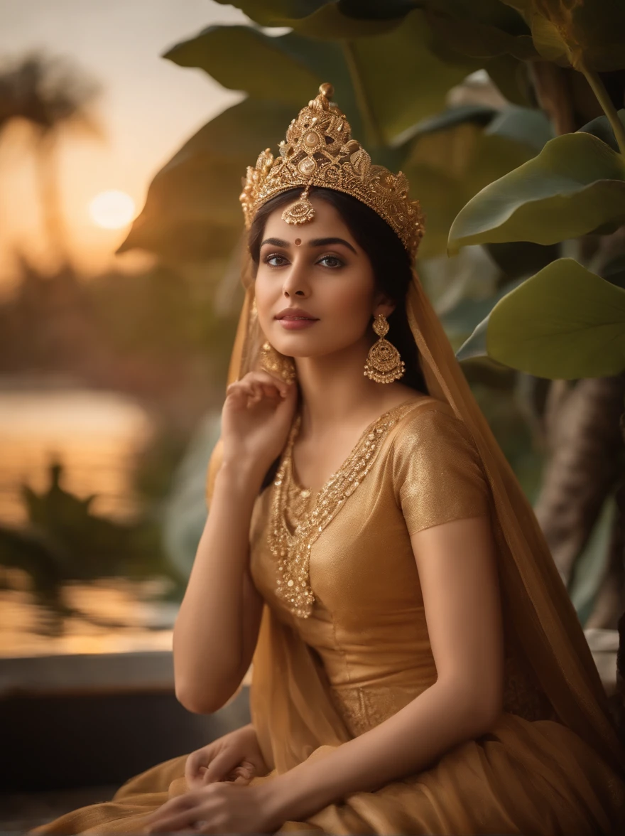 Beautiful 16-year-old princess sitting on a lotus flower,Wear a delicate gold crown.,Counting beautiful faces,Squeeze the flower stem with one hand.,The other palm is facing outwards.,Light brown dress,Barefoot on both feet.,Like hibiscus in water.,The corners of the mouth are slightly inverted.,Look at the camera with a gentle expression.,Spectacular and noble costume,8k wallpapers,Amazing cleavage,master-piece,indian goddess of wealth,Revered Goddesses,A beautiful dream world,