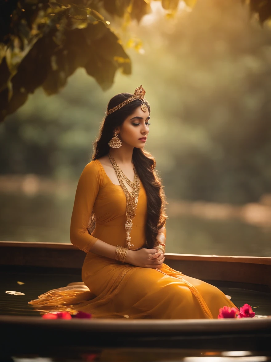 Beautiful 16-year-old princess sitting on a lotus flower,Wear a delicate gold crown.,Counting beautiful faces,Squeeze the flower stem with one hand.,The other palm is facing outwards.,Light brown dress,Barefoot on both feet.,Like hibiscus in water.,The corners of the mouth are slightly inverted.,Look at the camera with a gentle expression.,Spectacular and noble costume,8k wallpapers,Amazing cleavage,master-piece,indian goddess of wealth,Revered Goddesses,A beautiful dream world,